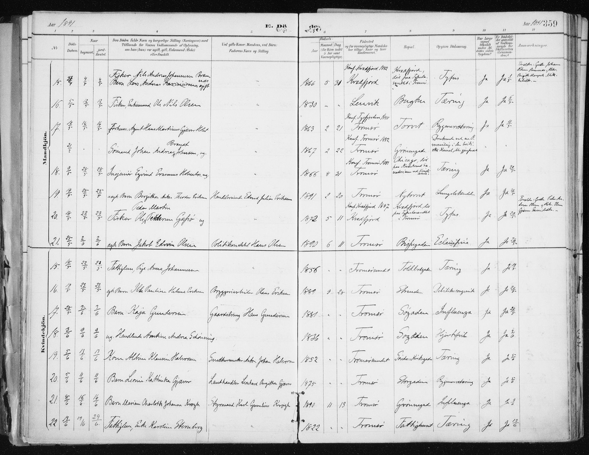 Tromsø sokneprestkontor/stiftsprosti/domprosti, AV/SATØ-S-1343/G/Ga/L0015kirke: Parish register (official) no. 15, 1889-1899, p. 359