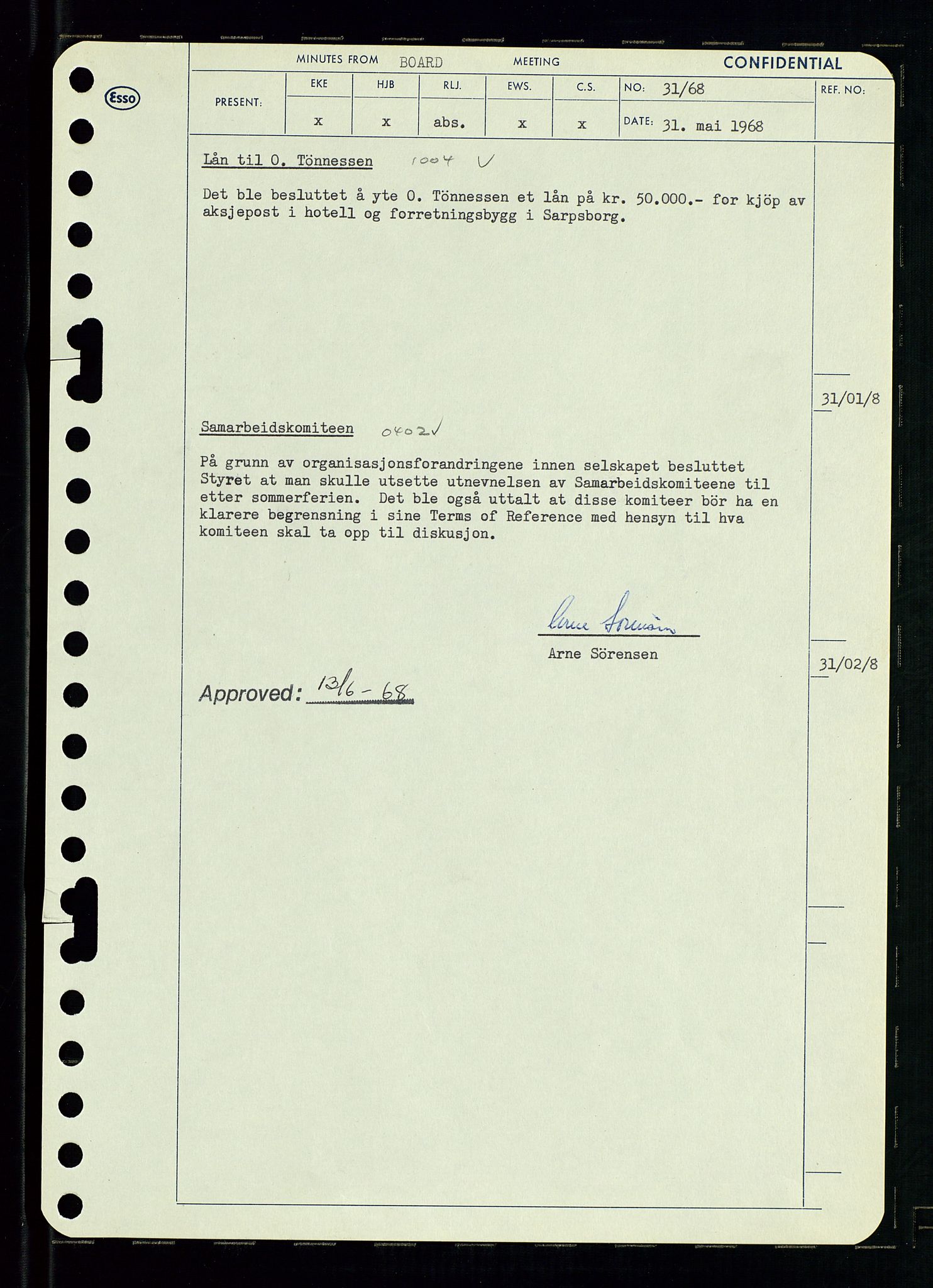 Pa 0982 - Esso Norge A/S, SAST/A-100448/A/Aa/L0002/0004: Den administrerende direksjon Board minutes (styrereferater) / Den administrerende direksjon Board minutes (styrereferater), 1968, p. 52