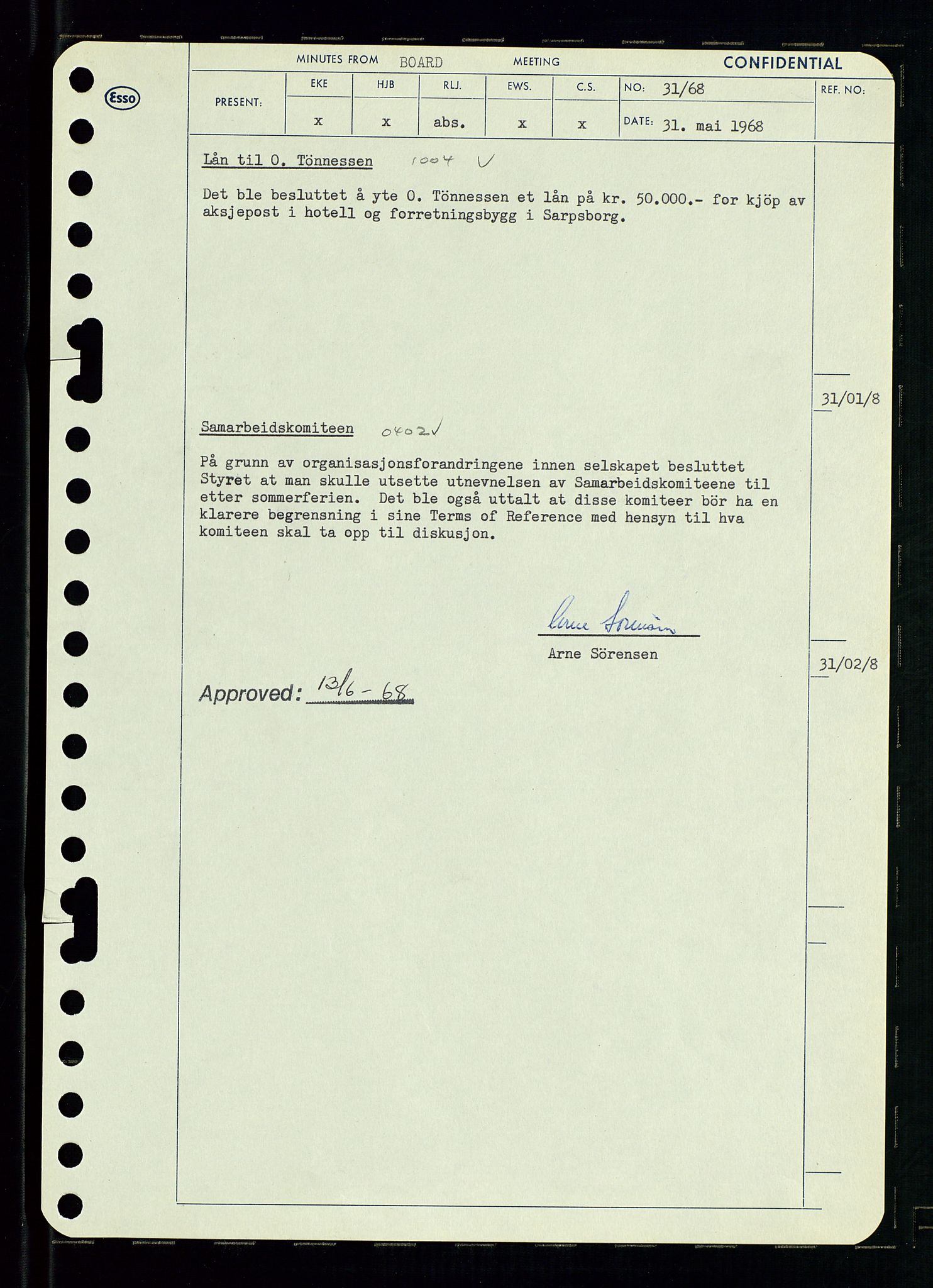 Pa 0982 - Esso Norge A/S, AV/SAST-A-100448/A/Aa/L0002/0004: Den administrerende direksjon Board minutes (styrereferater) / Den administrerende direksjon Board minutes (styrereferater), 1968, p. 52