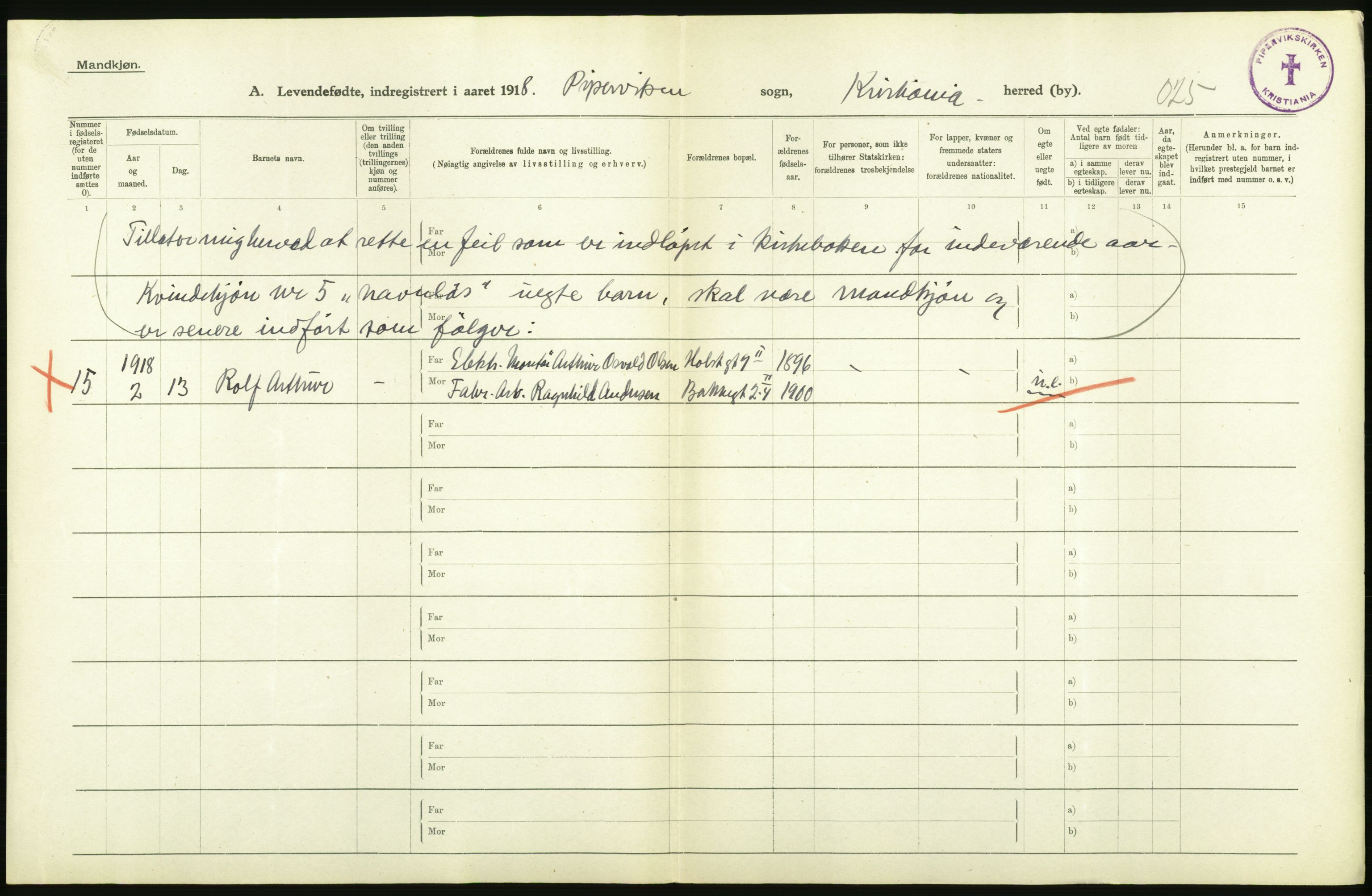 Statistisk sentralbyrå, Sosiodemografiske emner, Befolkning, AV/RA-S-2228/D/Df/Dfb/Dfbh/L0008: Kristiania: Levendefødte menn og kvinner., 1918, p. 210