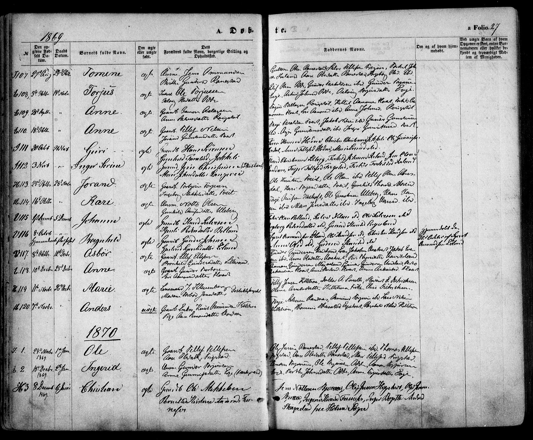 Evje sokneprestkontor, AV/SAK-1111-0008/F/Fa/Faa/L0006: Parish register (official) no. A 6, 1866-1884, p. 27