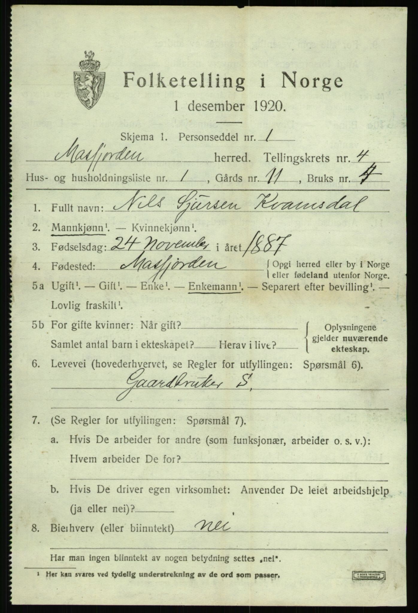 SAB, 1920 census for Masfjorden, 1920, p. 1673