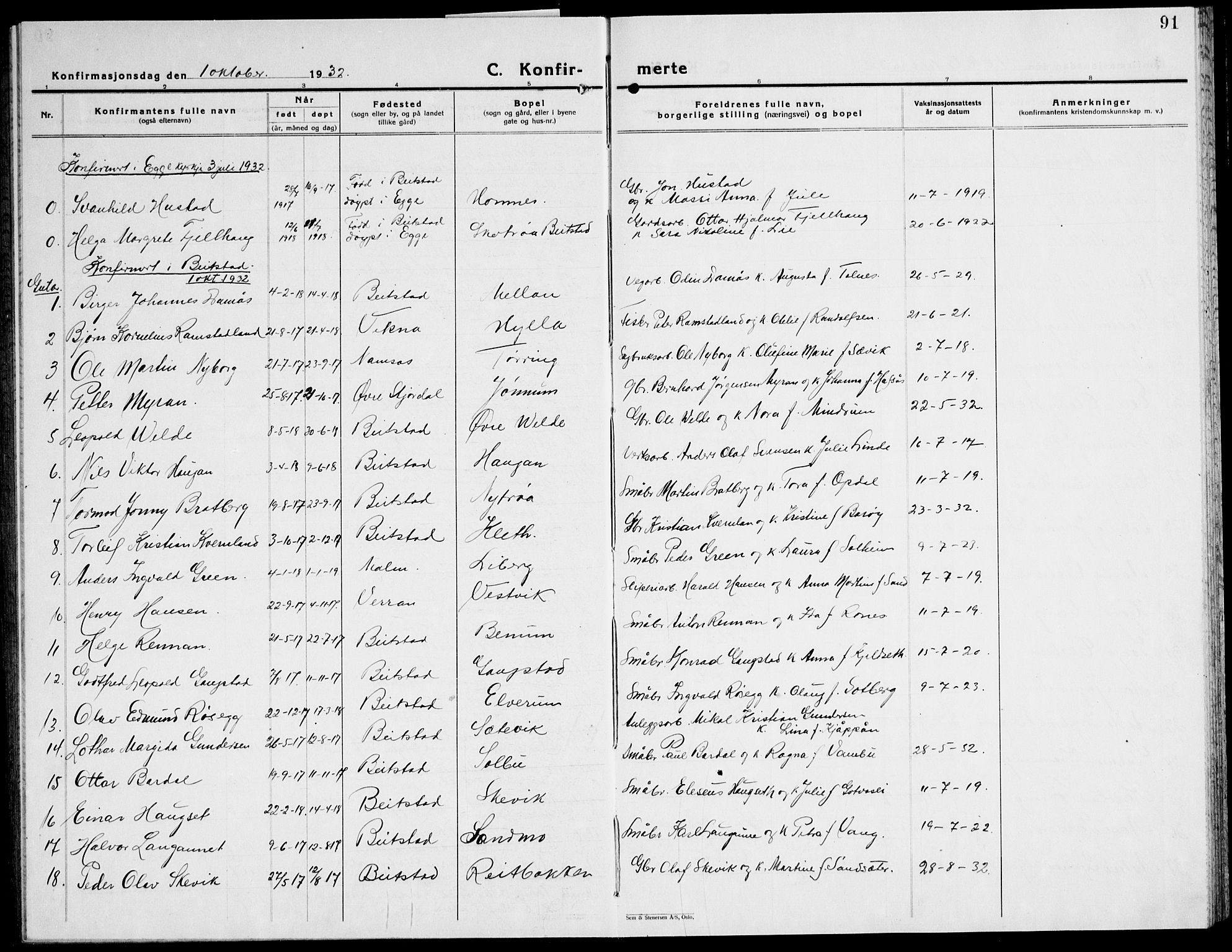 Ministerialprotokoller, klokkerbøker og fødselsregistre - Nord-Trøndelag, SAT/A-1458/741/L0403: Parish register (copy) no. 741C04, 1925-1944, p. 91