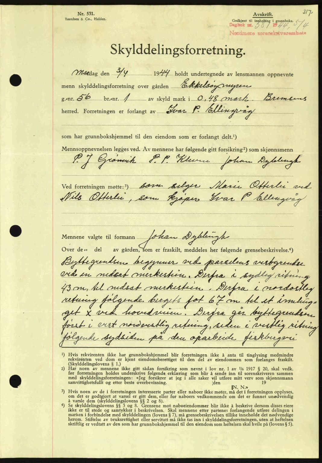 Nordmøre sorenskriveri, AV/SAT-A-4132/1/2/2Ca: Mortgage book no. A97, 1944-1944, Diary no: : 581/1944