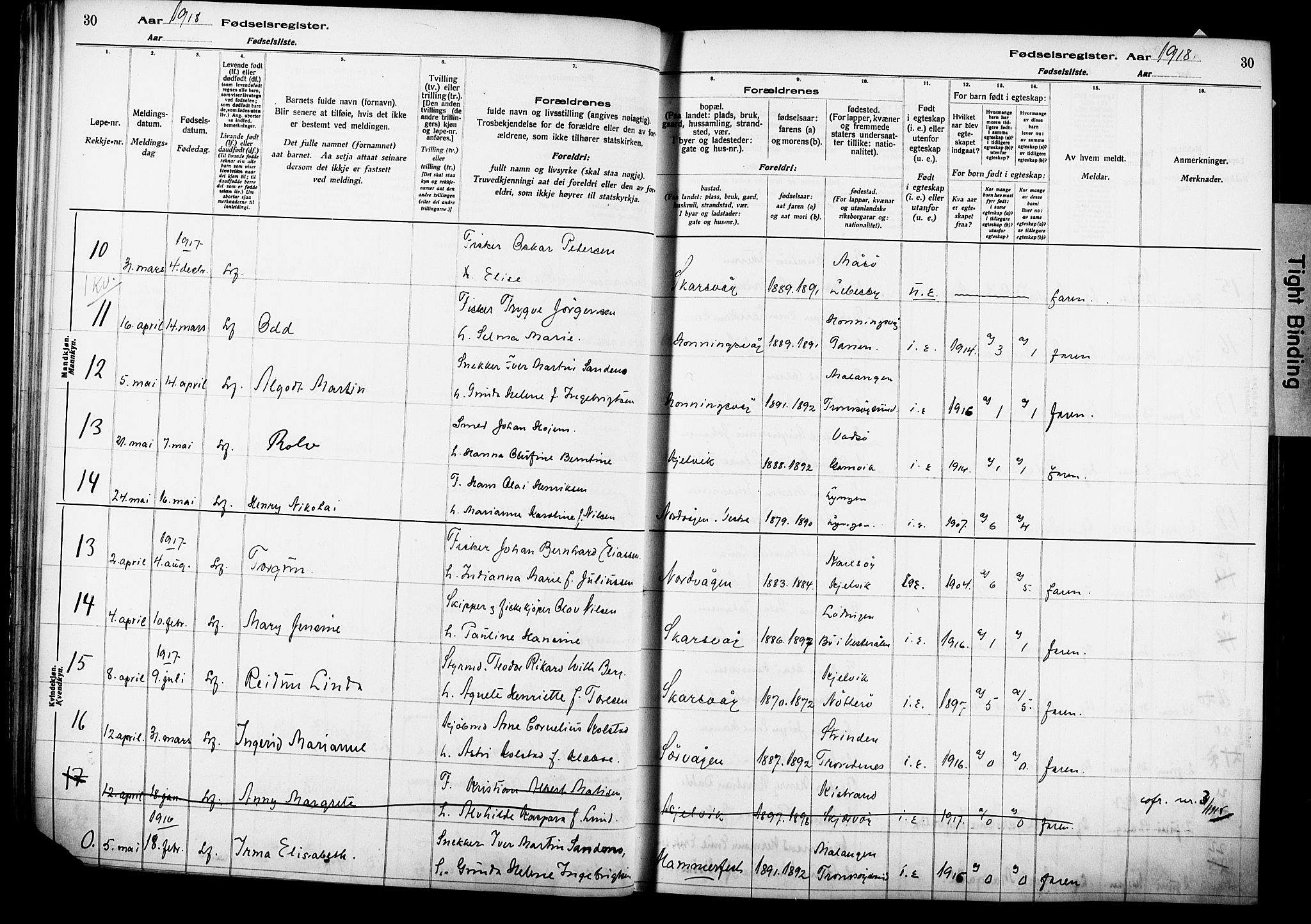 Kjelvik/Nordkapp sokneprestkontor, AV/SATØ-S-1350/I/Ia/L0015: Birth register no. 15, 1916-1930, p. 30