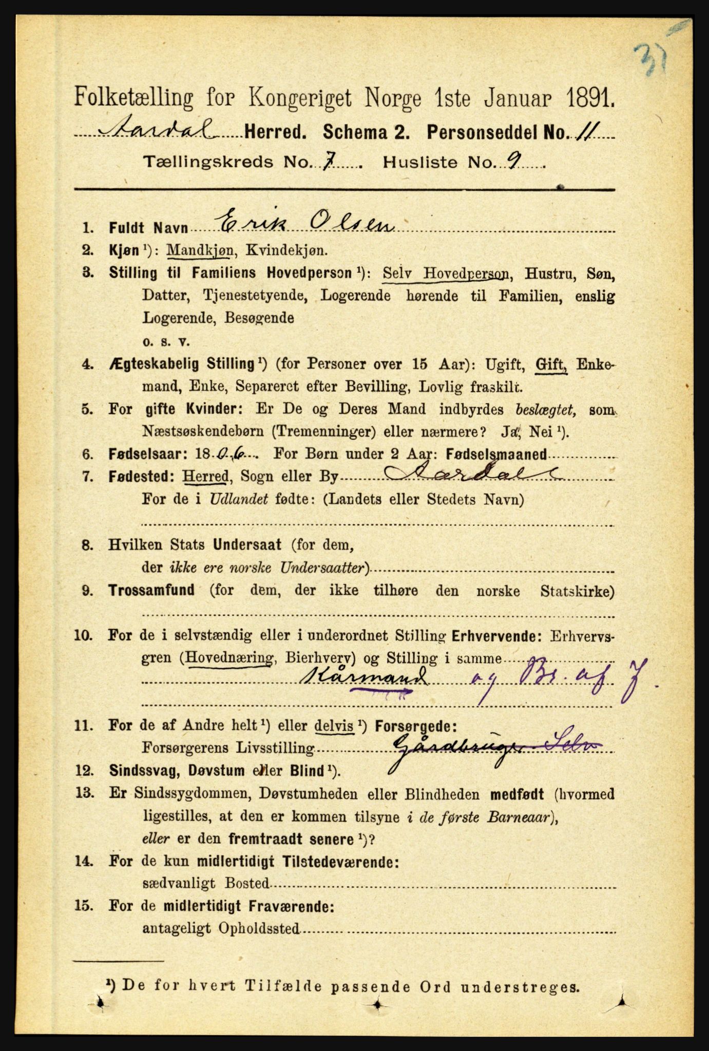 RA, 1891 census for 1424 Årdal, 1891, p. 1525