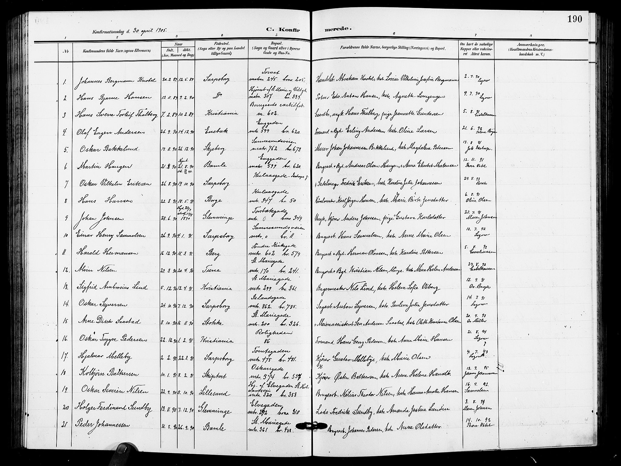Sarpsborg prestekontor Kirkebøker, SAO/A-2006/G/Ga/L0001: Parish register (copy) no. 1, 1902-1911, p. 190