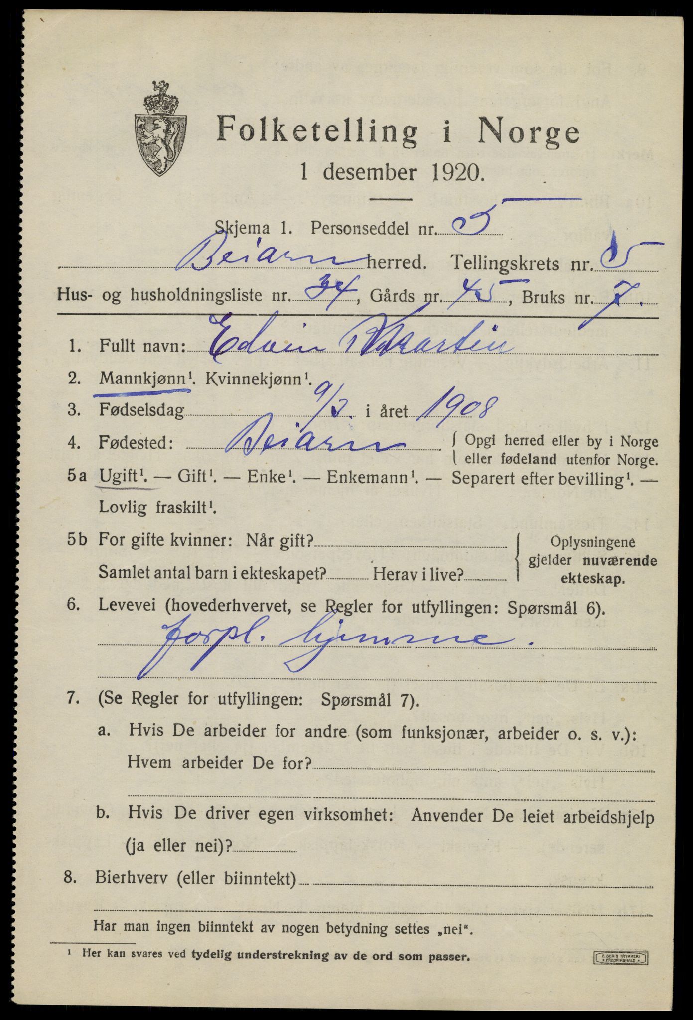 SAT, 1920 census for Beiarn, 1920, p. 2862