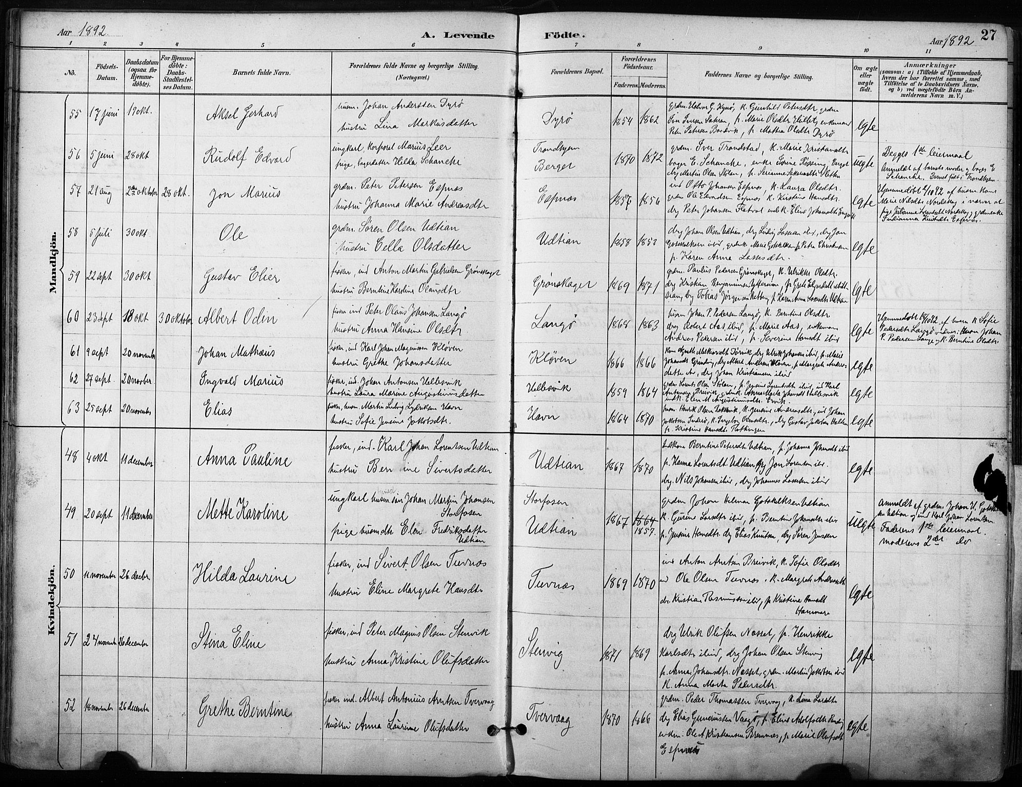 Ministerialprotokoller, klokkerbøker og fødselsregistre - Sør-Trøndelag, AV/SAT-A-1456/640/L0579: Parish register (official) no. 640A04, 1889-1902, p. 27