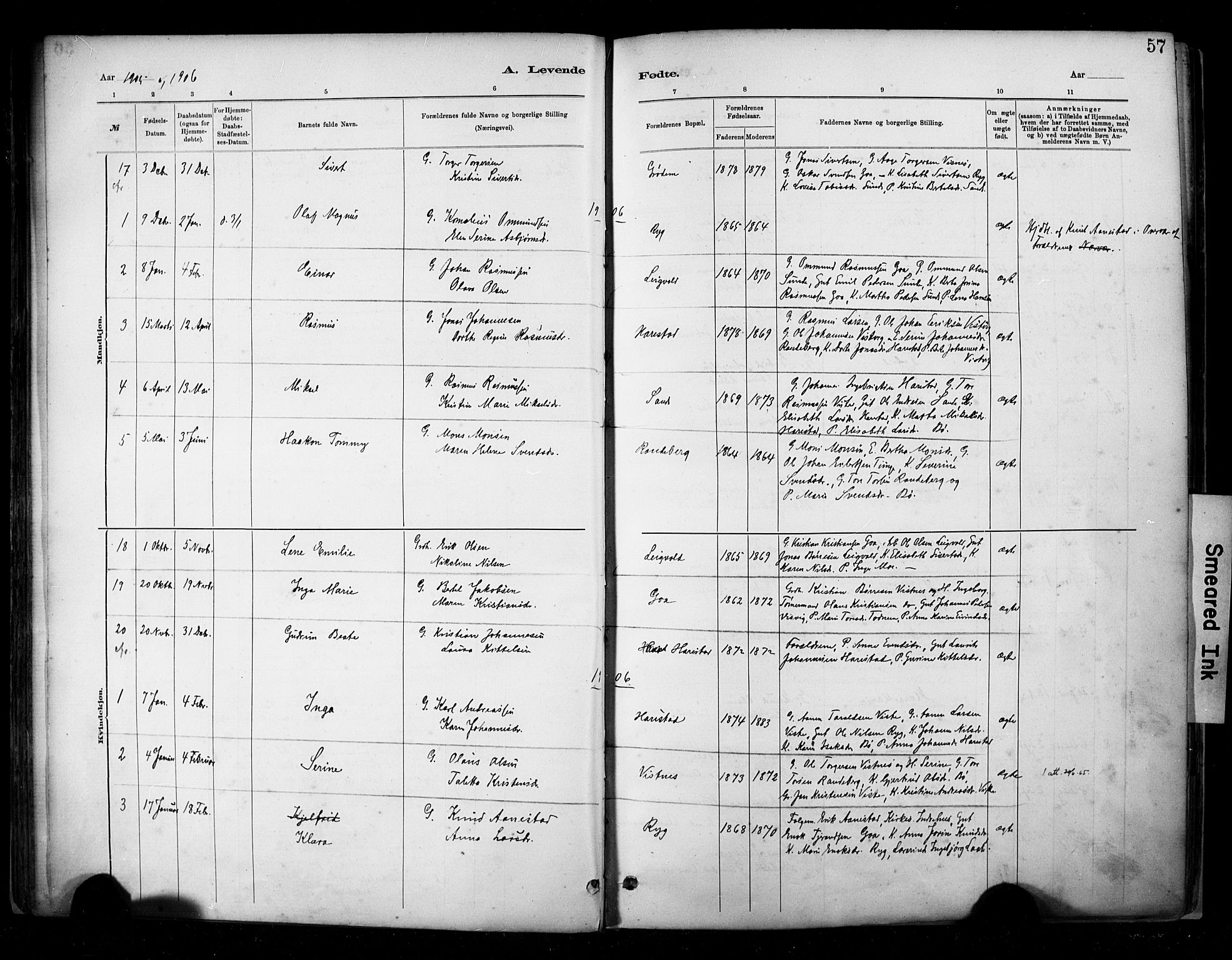 Hetland sokneprestkontor, SAST/A-101826/30/30BA/L0009: Parish register (official) no. A 9, 1882-1918, p. 57