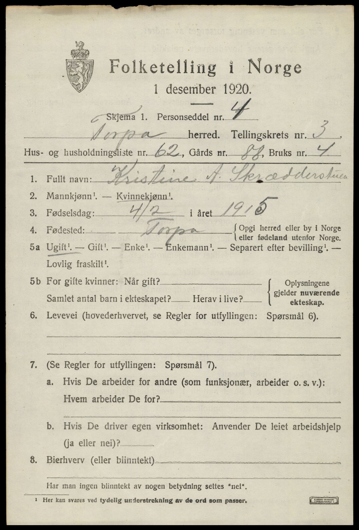 SAH, 1920 census for Torpa, 1920, p. 2837