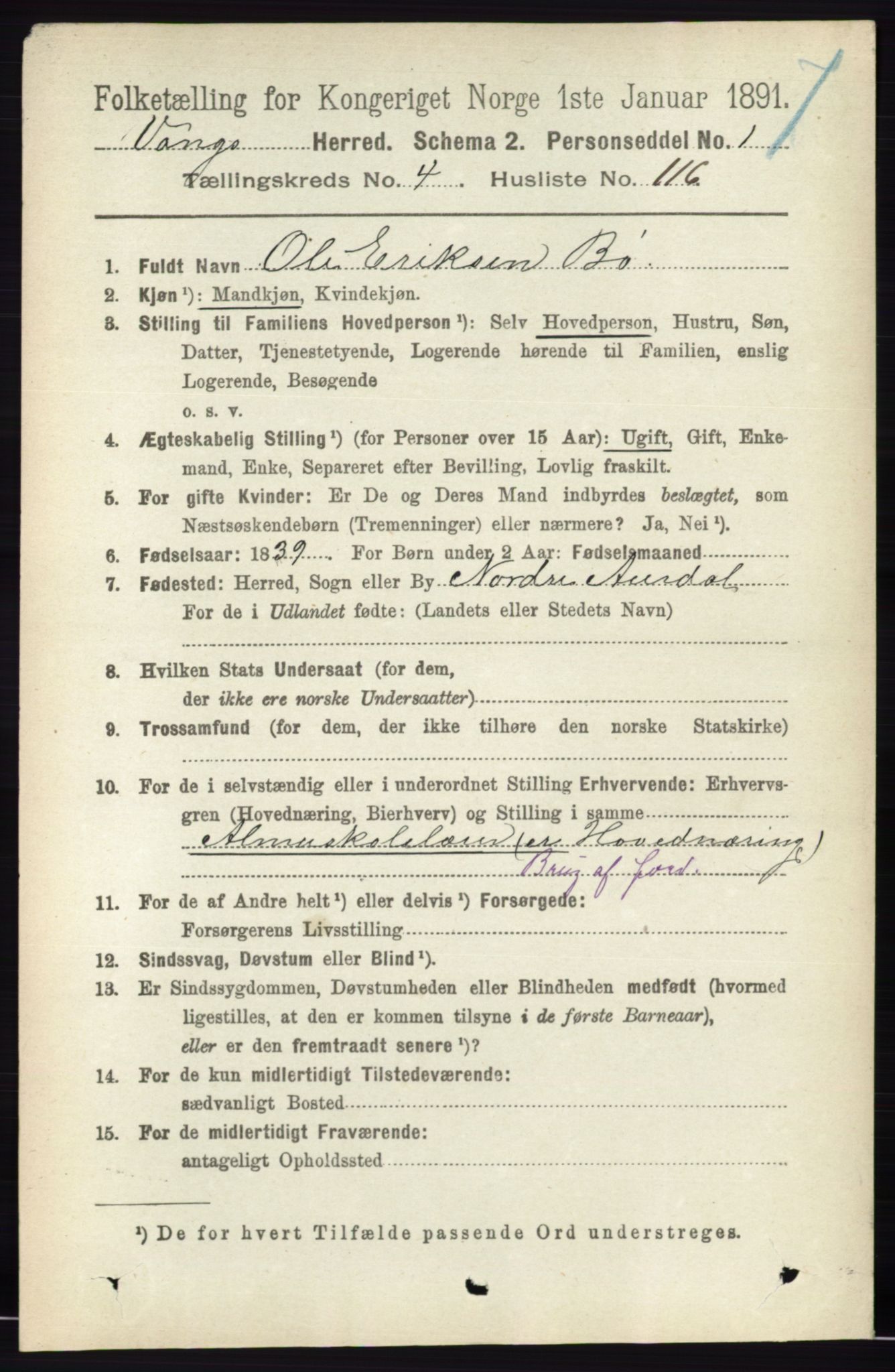 RA, 1891 census for 0414 Vang, 1891, p. 3381