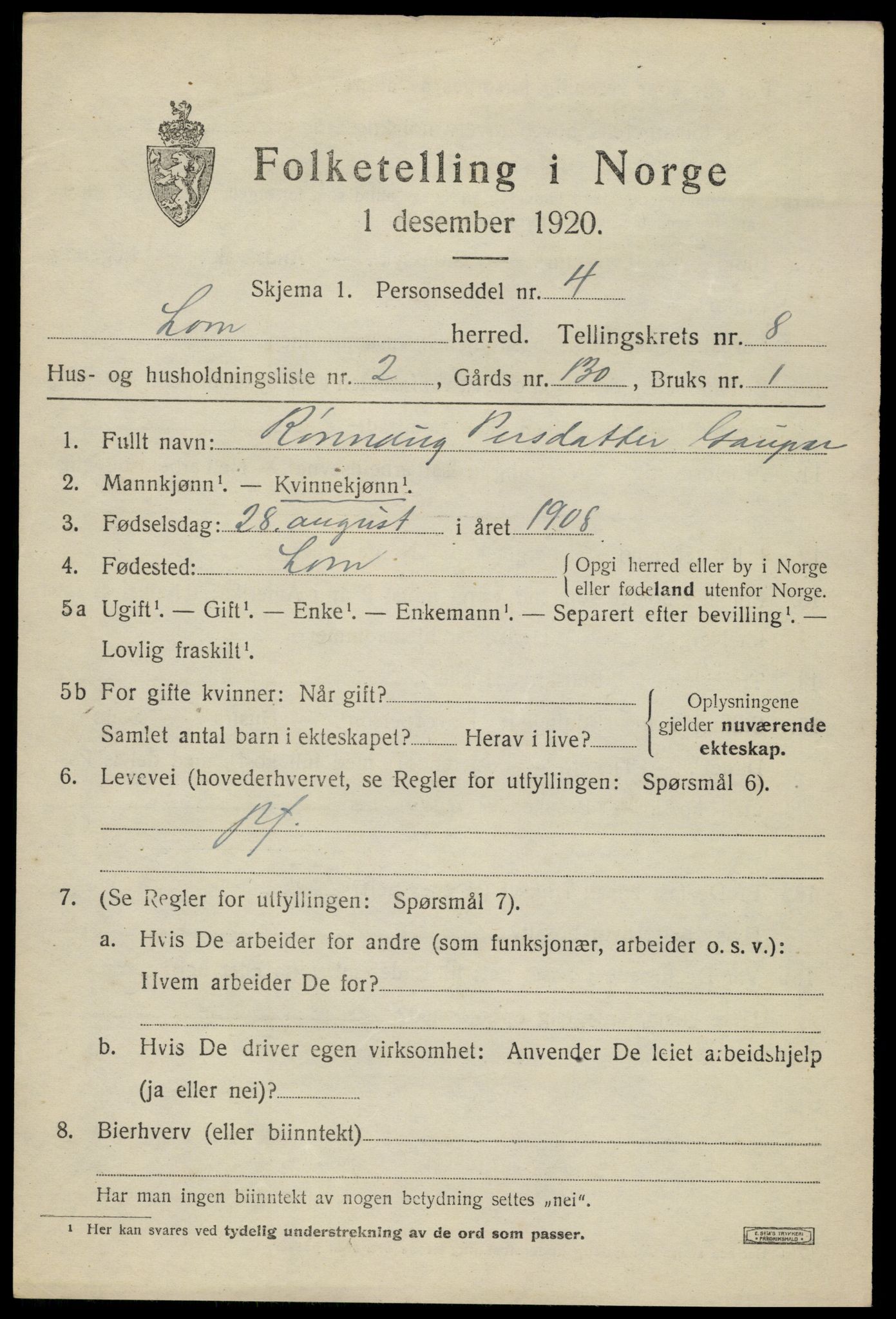 SAH, 1920 census for Lom, 1920, p. 4764