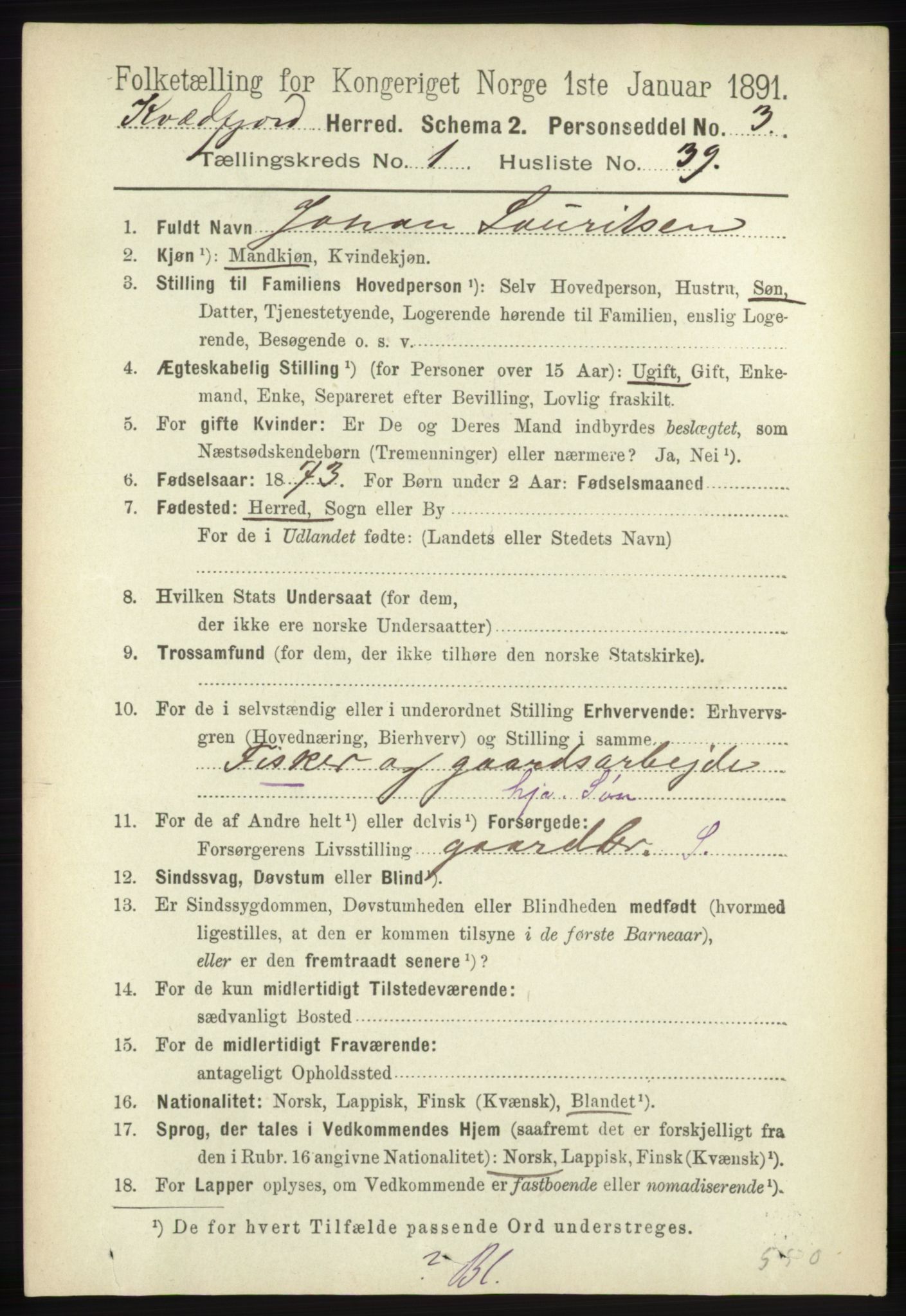 RA, 1891 census for 1911 Kvæfjord, 1891, p. 337