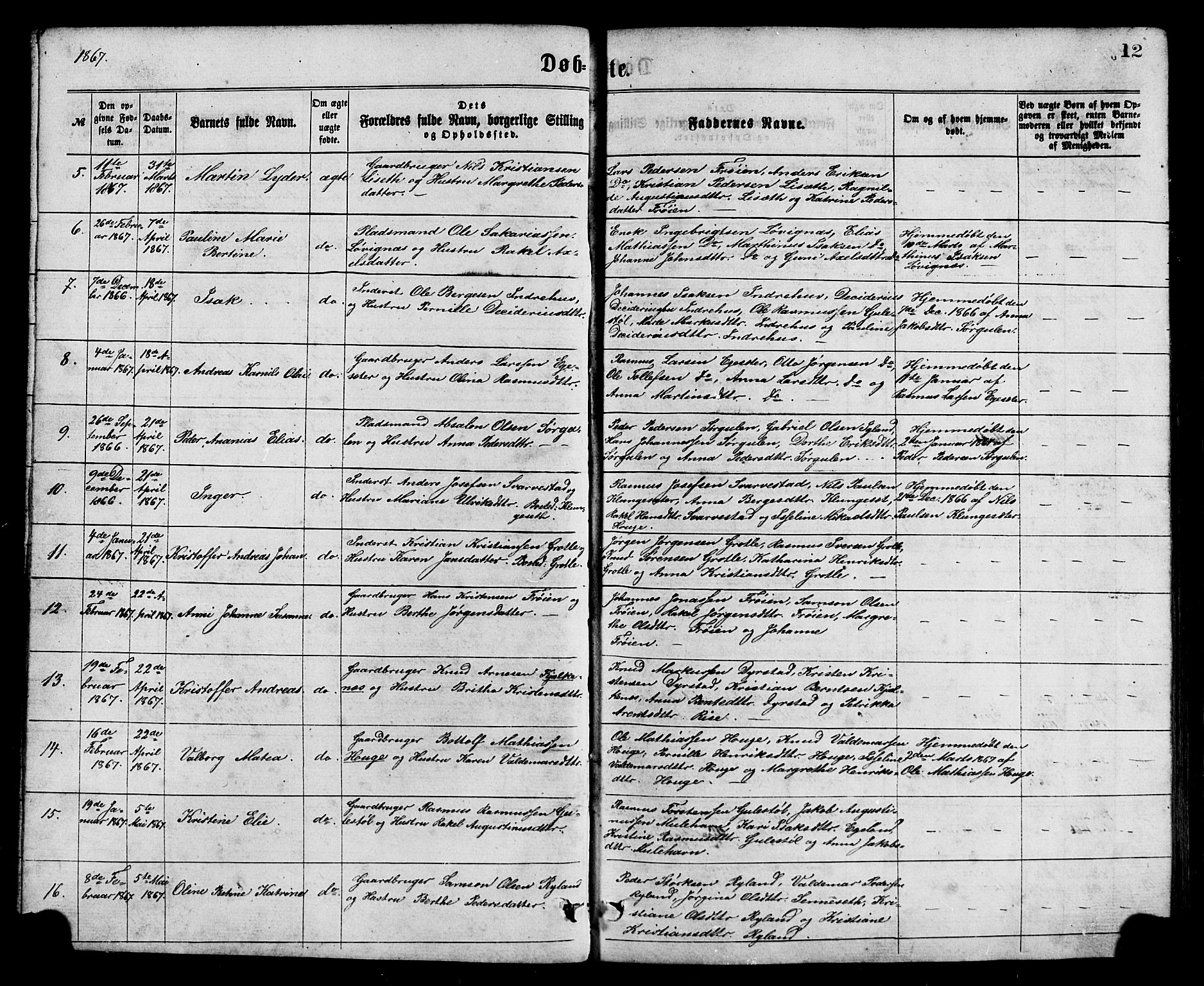 Bremanger sokneprestembete, SAB/A-82201/H/Hab/Haba/L0002: Parish register (copy) no. A 2, 1866-1889, p. 12