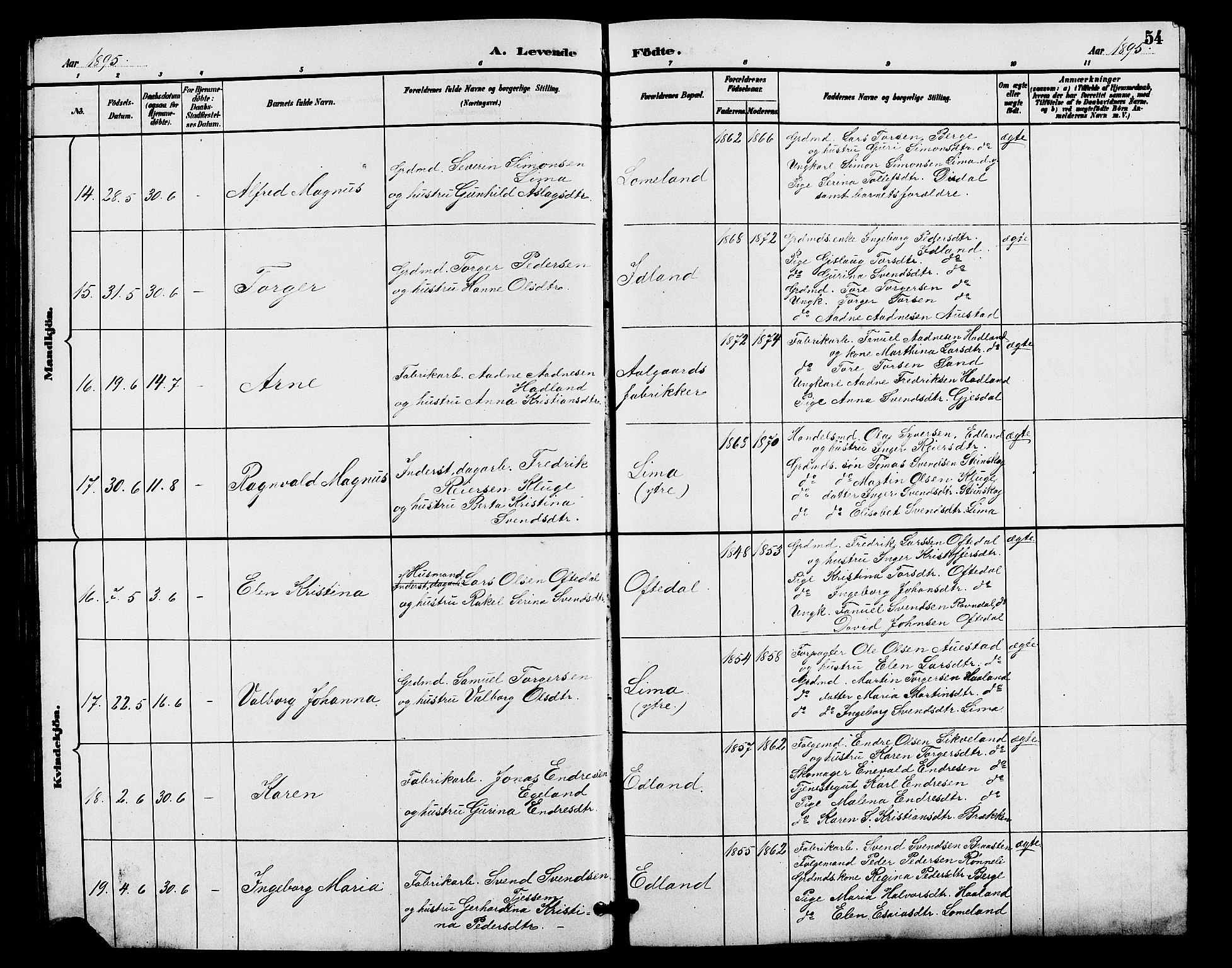 Lye sokneprestkontor, AV/SAST-A-101794/001/30BB/L0008: Parish register (copy) no. B 7, 1887-1901, p. 54