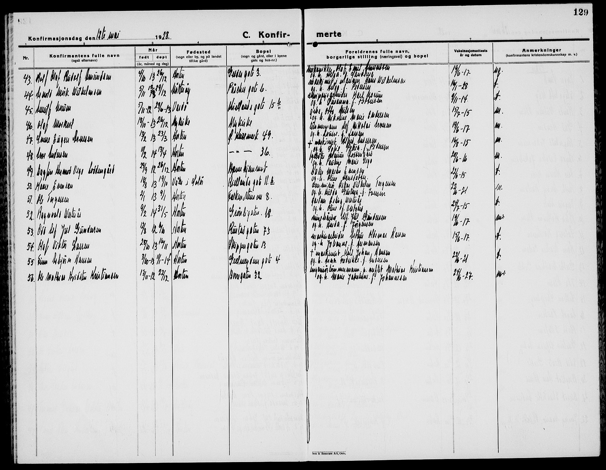 Horten kirkebøker, AV/SAKO-A-348/G/Ga/L0009: Parish register (copy) no. 9, 1926-1936, p. 129