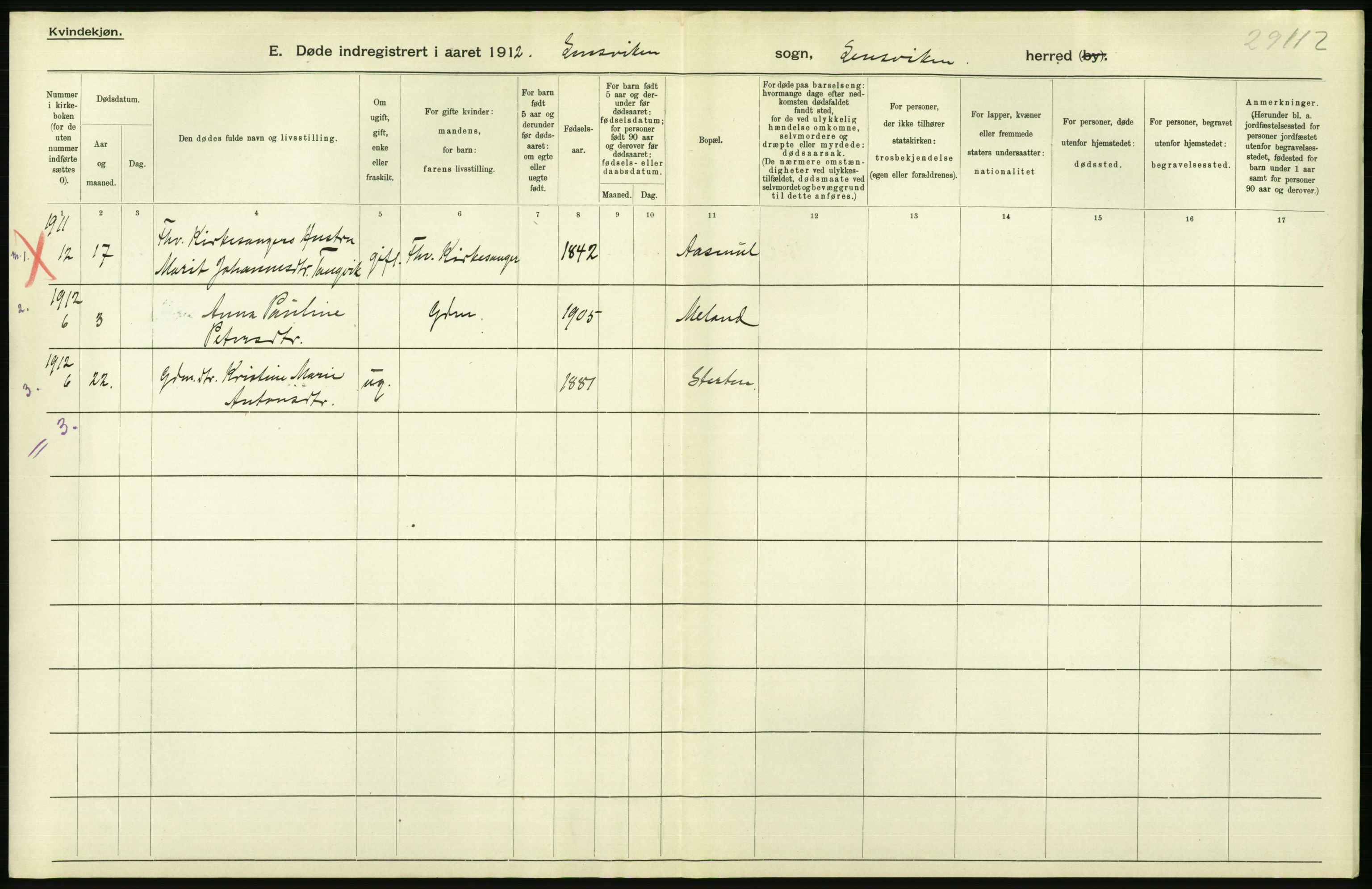 Statistisk sentralbyrå, Sosiodemografiske emner, Befolkning, AV/RA-S-2228/D/Df/Dfb/Dfbb/L0042: S. Trondhjems amt: Døde. Bygder., 1912, p. 10