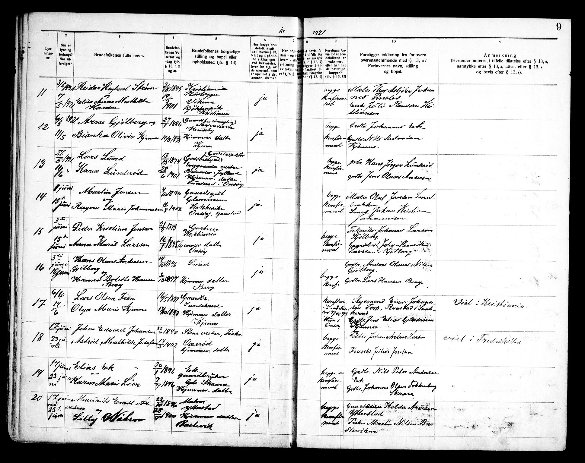 Onsøy prestekontor Kirkebøker, AV/SAO-A-10914/H/Ha/L0001: Banns register no. I 1, 1919-1956, p. 9