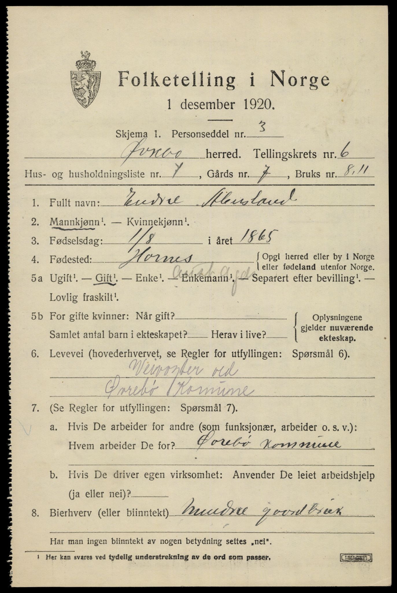 SAK, 1920 census for Øvrebø, 1920, p. 1136