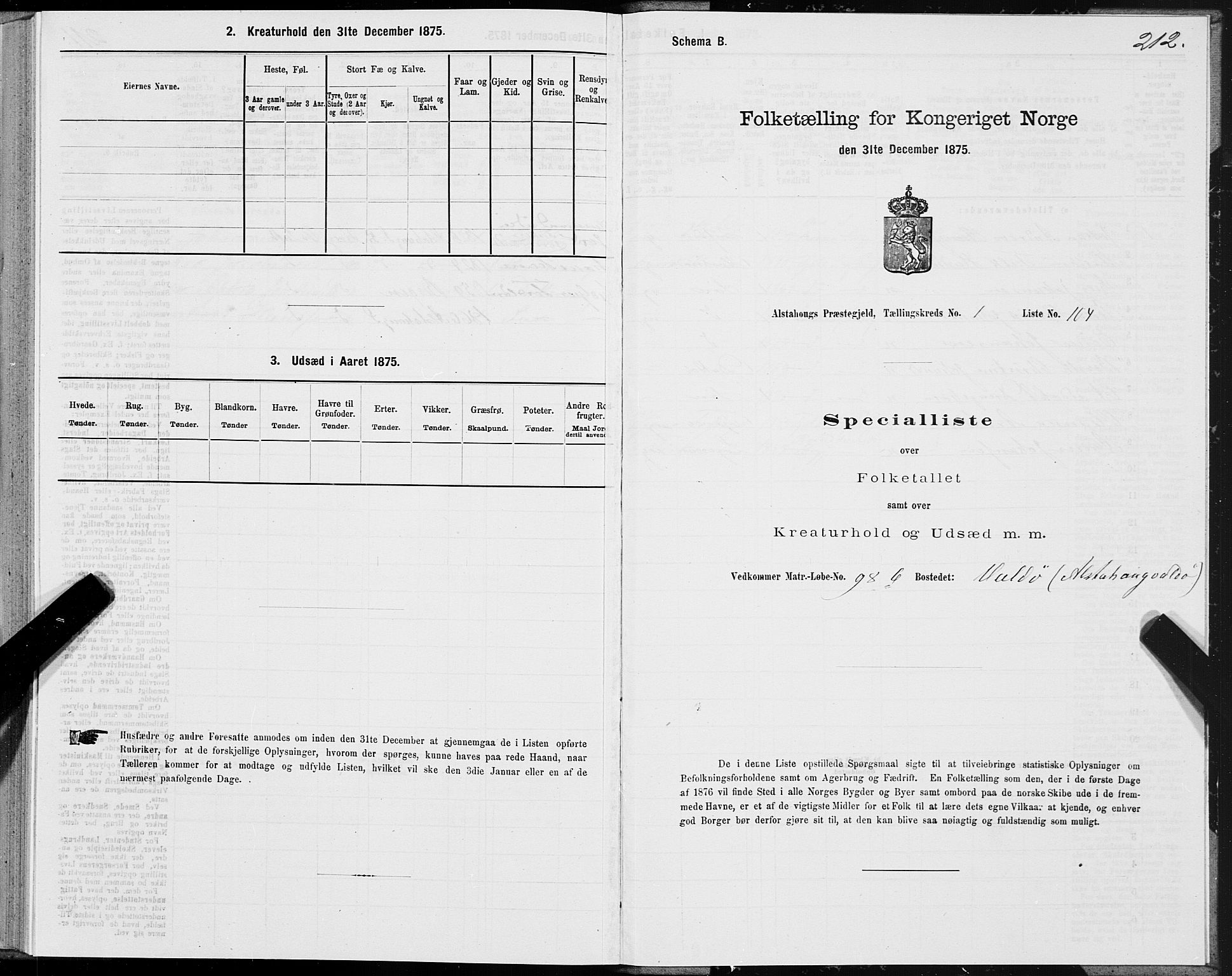 SAT, 1875 census for 1820P Alstahaug, 1875, p. 1212