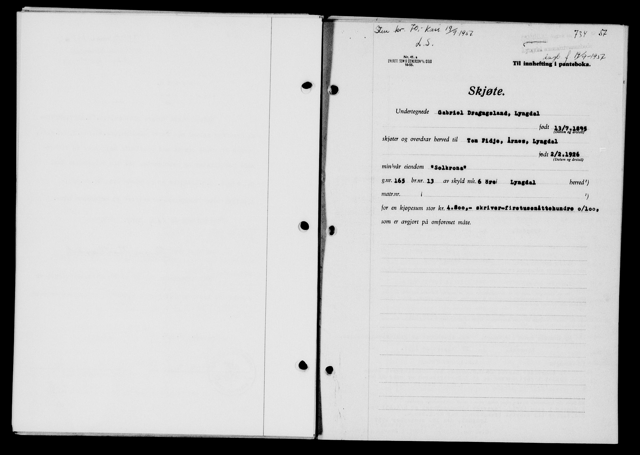 Lyngdal sorenskriveri, AV/SAK-1221-0004/G/Gb/L0676: Mortgage book no. A XXII, 1957-1957, Diary no: : 734/1957