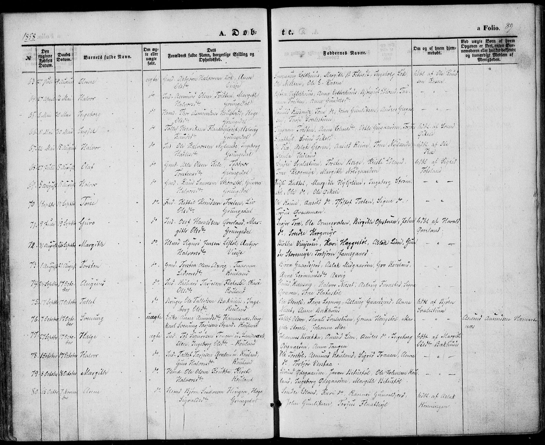 Vinje kirkebøker, SAKO/A-312/F/Fa/L0004: Parish register (official) no. I 4, 1843-1869, p. 89