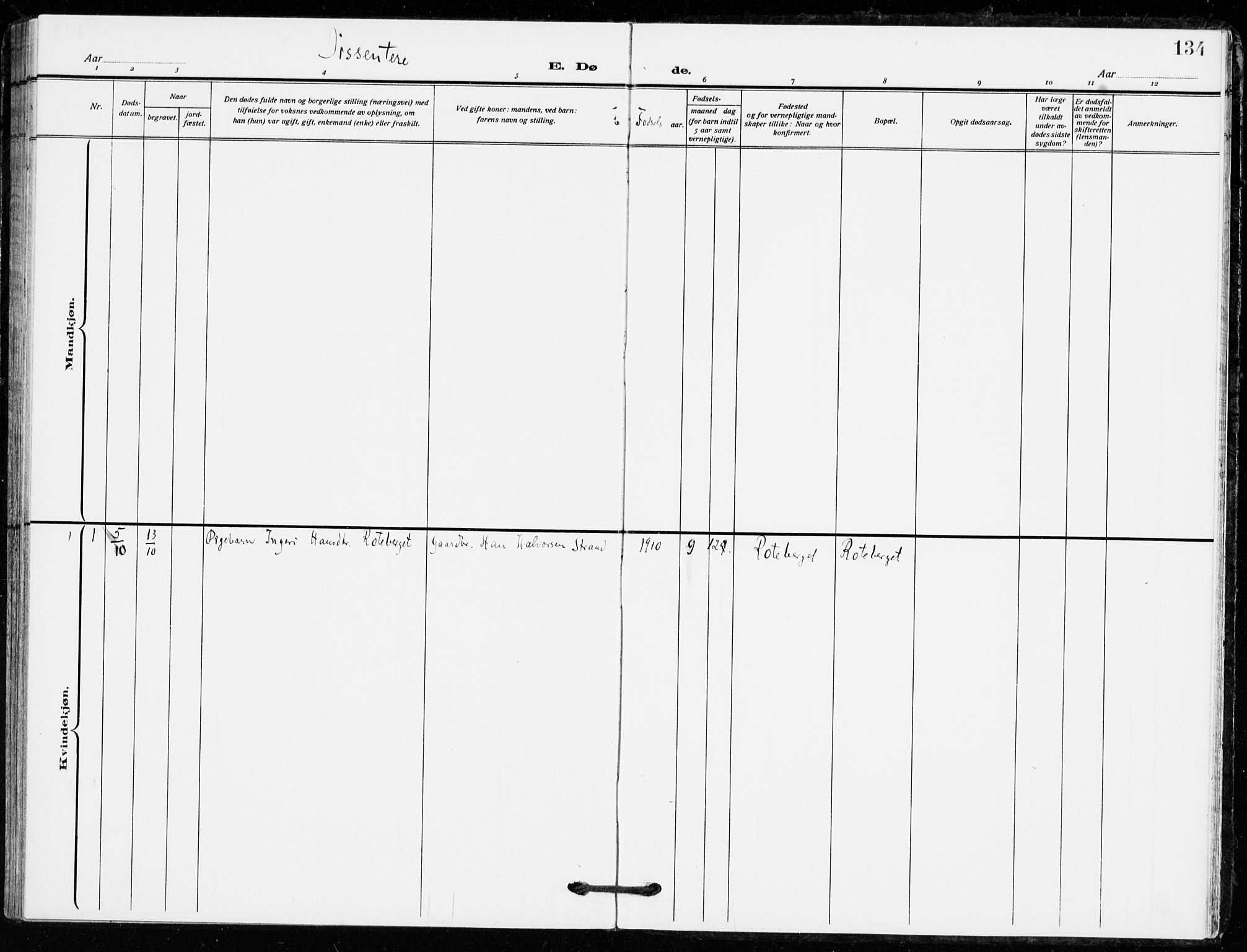 Bø kirkebøker, SAKO/A-257/F/Fa/L0013: Parish register (official) no. 13, 1909-1921, p. 134