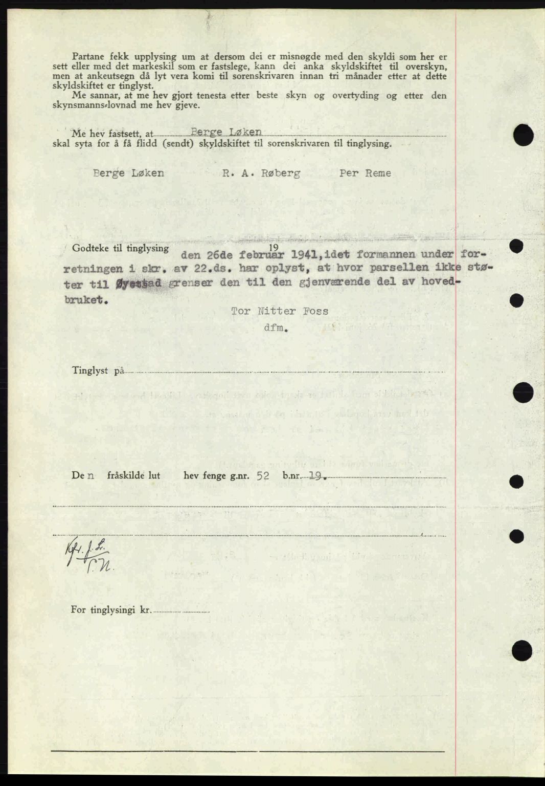 Nordfjord sorenskriveri, AV/SAB-A-2801/02/02b/02bj/L0006: Mortgage book no. A6, 1940-1941, Diary no: : 255/1941