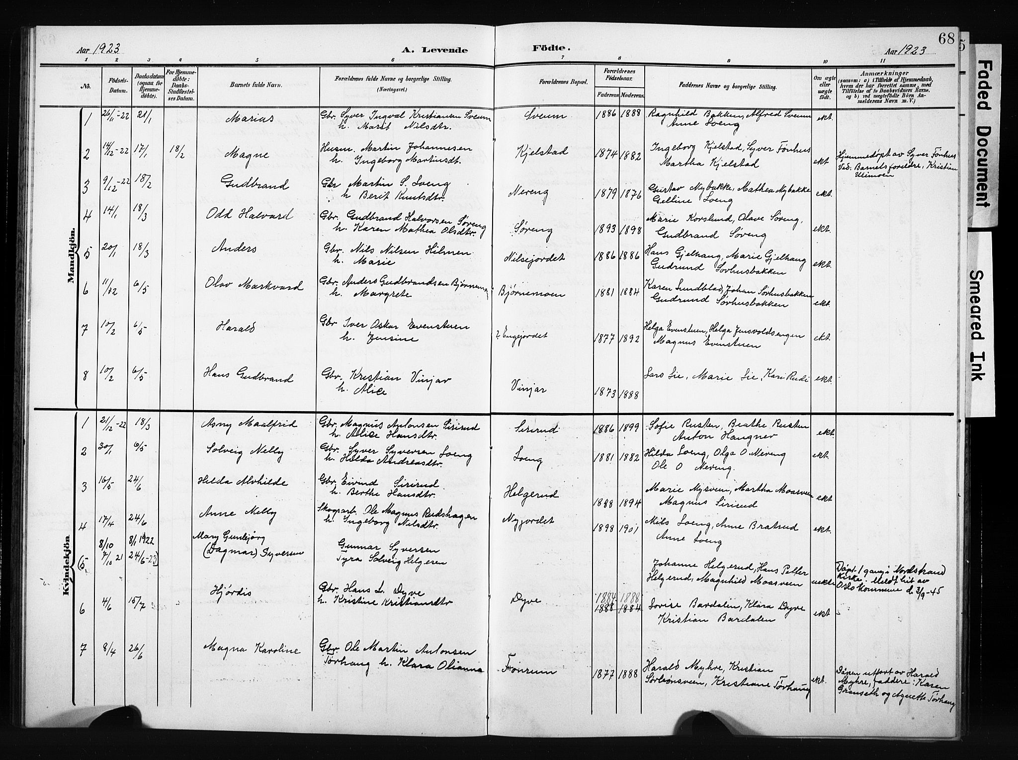 Nordre Land prestekontor, AV/SAH-PREST-124/H/Ha/Hab/L0006: Parish register (copy) no. 6, 1905-1929, p. 68