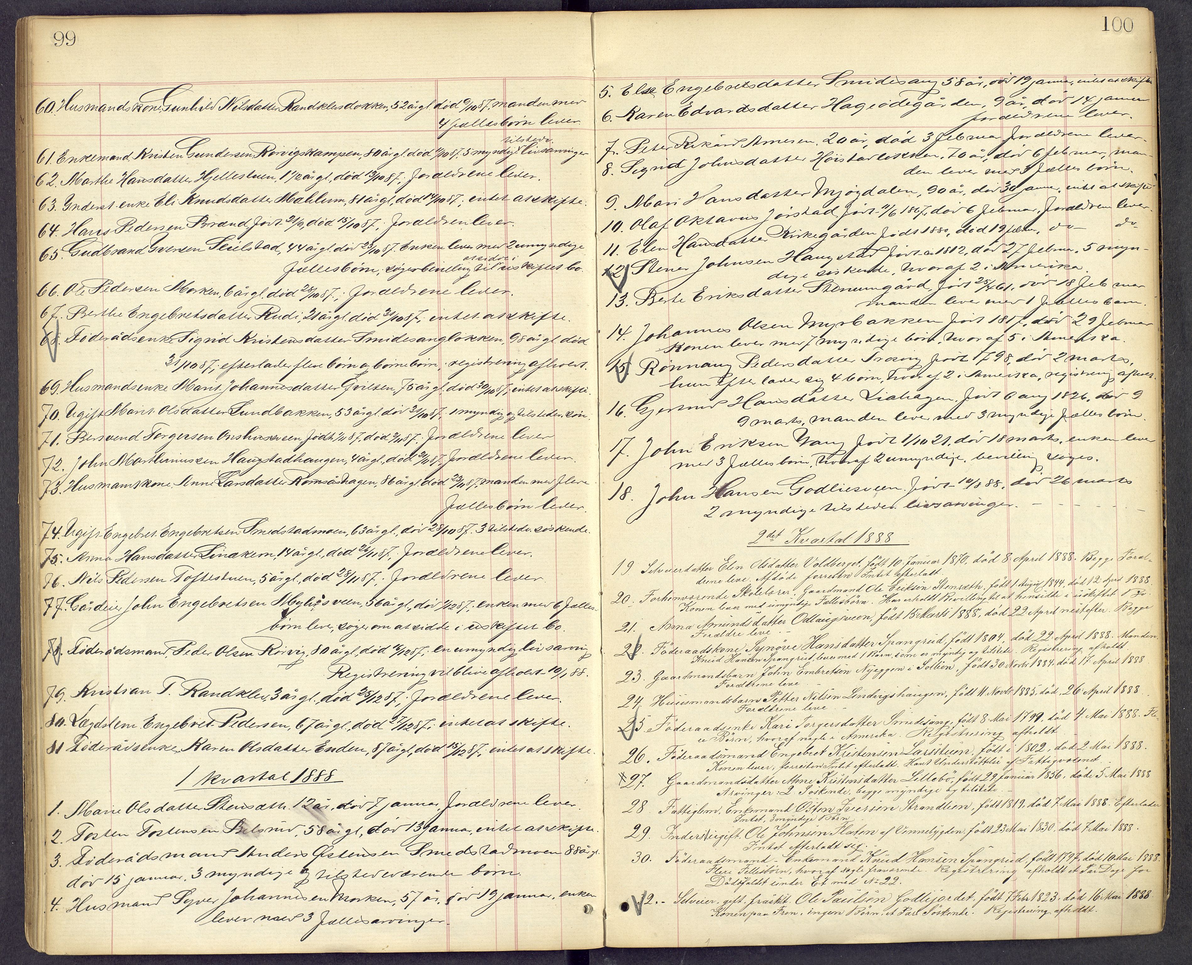 Mellom-Gudbrandsdal sorenskriveri, SAH/TING-038/J/Jf/L0002: Dødsfallsprotokoll, 1885-1900, p. 99-100