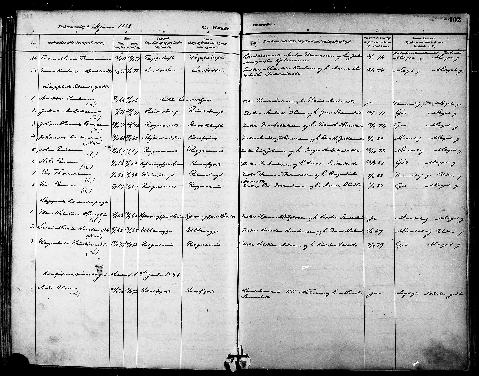 Talvik sokneprestkontor, AV/SATØ-S-1337/H/Ha/L0013kirke: Parish register (official) no. 13, 1886-1897, p. 102