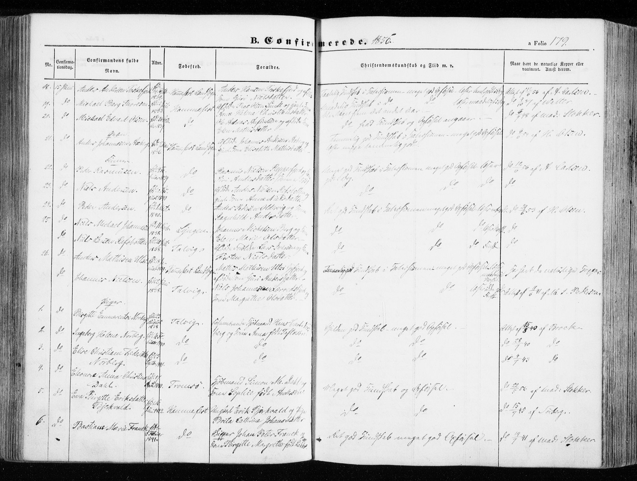 Hammerfest sokneprestkontor, AV/SATØ-S-1347/H/Ha/L0004.kirke: Parish register (official) no. 4, 1843-1856, p. 179