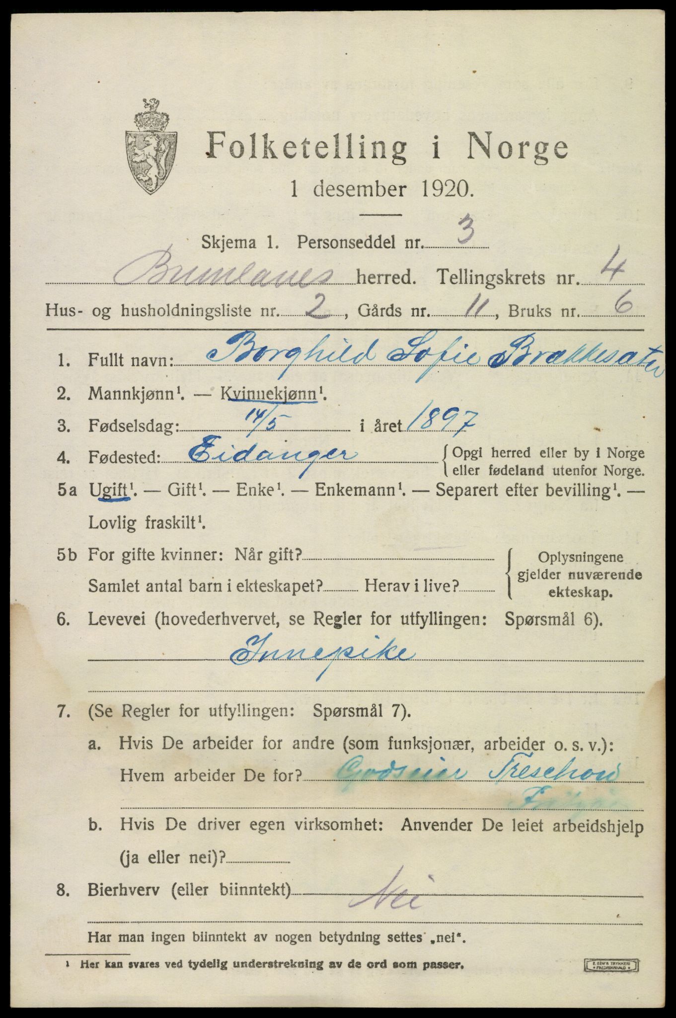 SAKO, 1920 census for Brunlanes, 1920, p. 6129