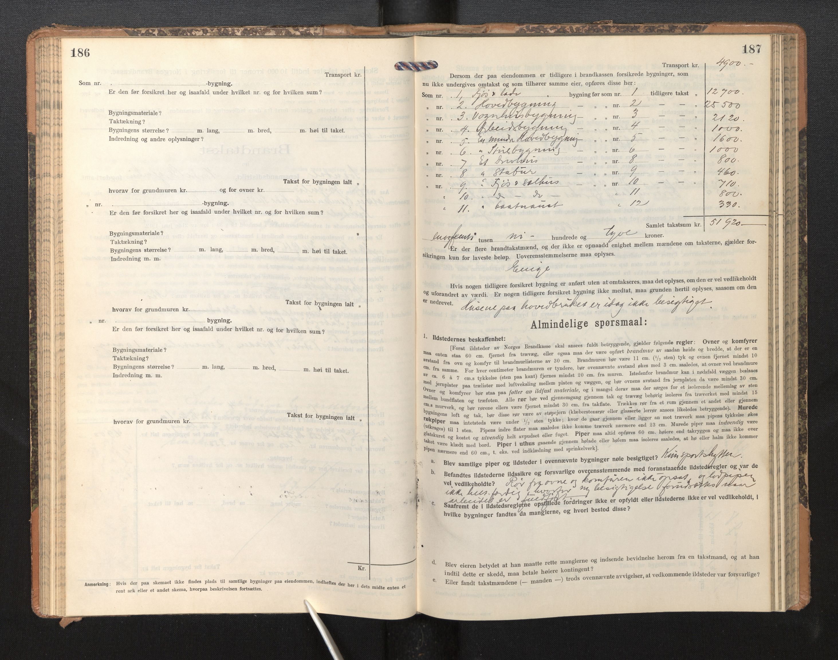 Lensmannen i Sogndal, AV/SAB-A-29901/0012/L0011: Branntakstprotokoll, skjematakst, 1914-1922, p. 186-187