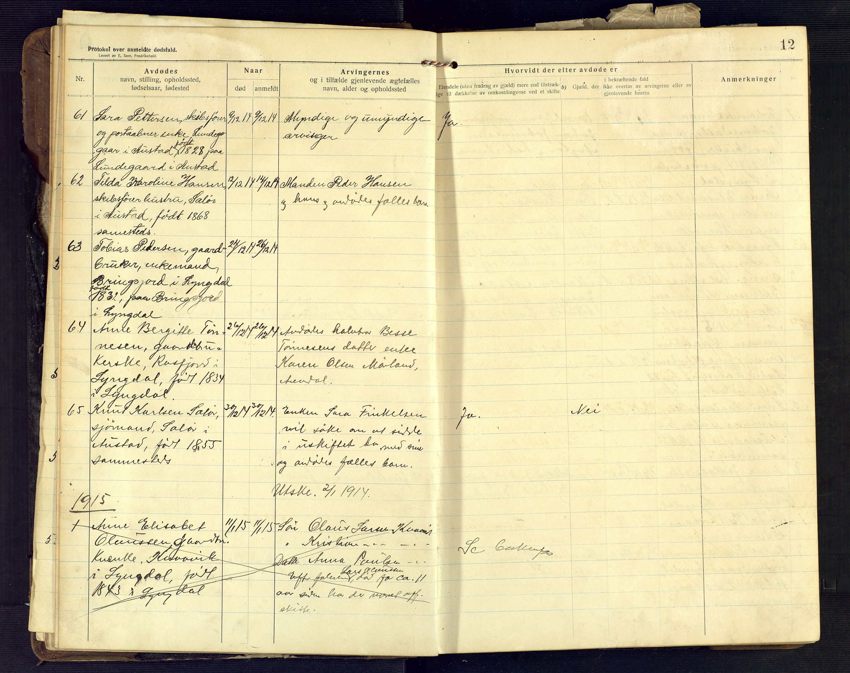 Lyngdal lensmannskontor, AV/SAK-1241-0031/F/Fe/L0001/0003: Dødsfall nr 8 / Dødsfallsprotokoll, 1914-1923, p. 12