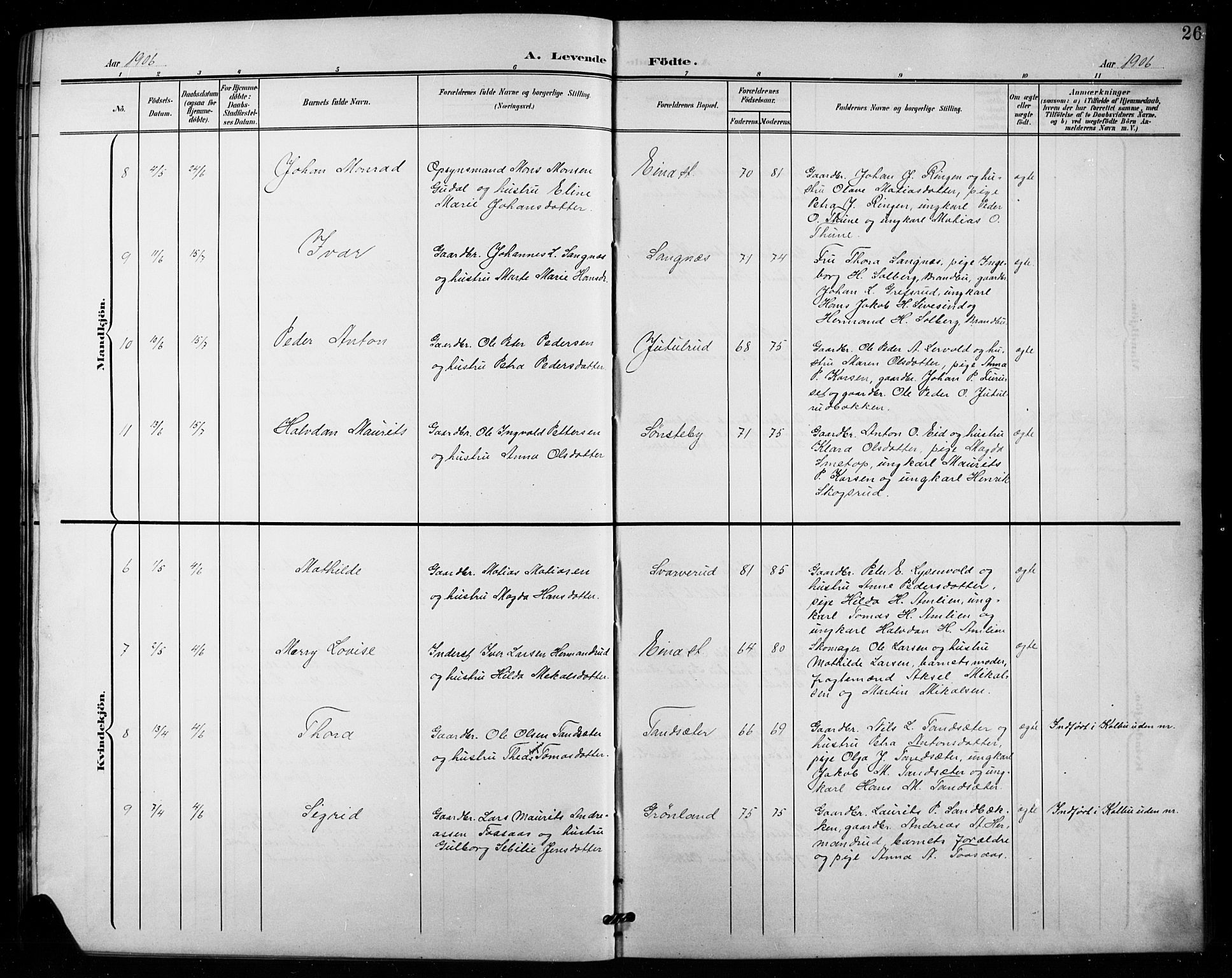 Vestre Toten prestekontor, AV/SAH-PREST-108/H/Ha/Hab/L0016: Parish register (copy) no. 16, 1901-1915, p. 26