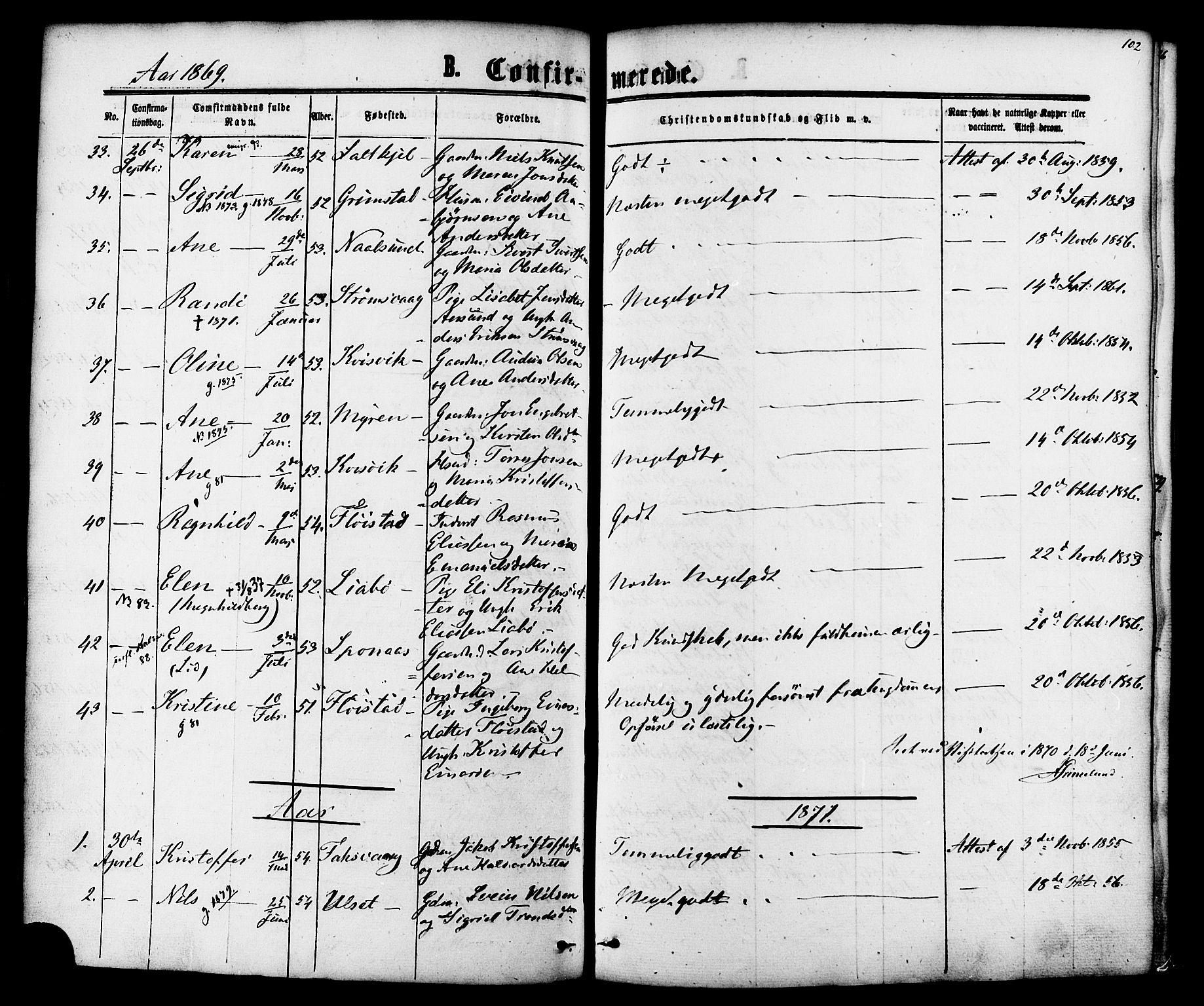 Ministerialprotokoller, klokkerbøker og fødselsregistre - Møre og Romsdal, AV/SAT-A-1454/587/L0999: Parish register (official) no. 587A01, 1864-1886, p. 102