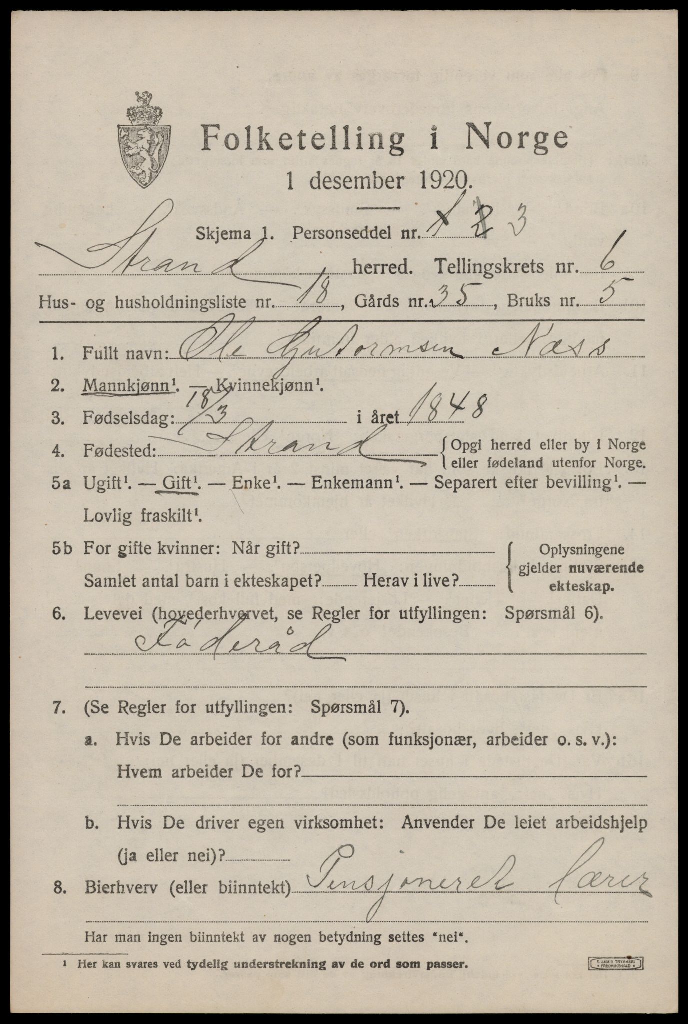 SAST, 1920 census for Strand, 1920, p. 4226