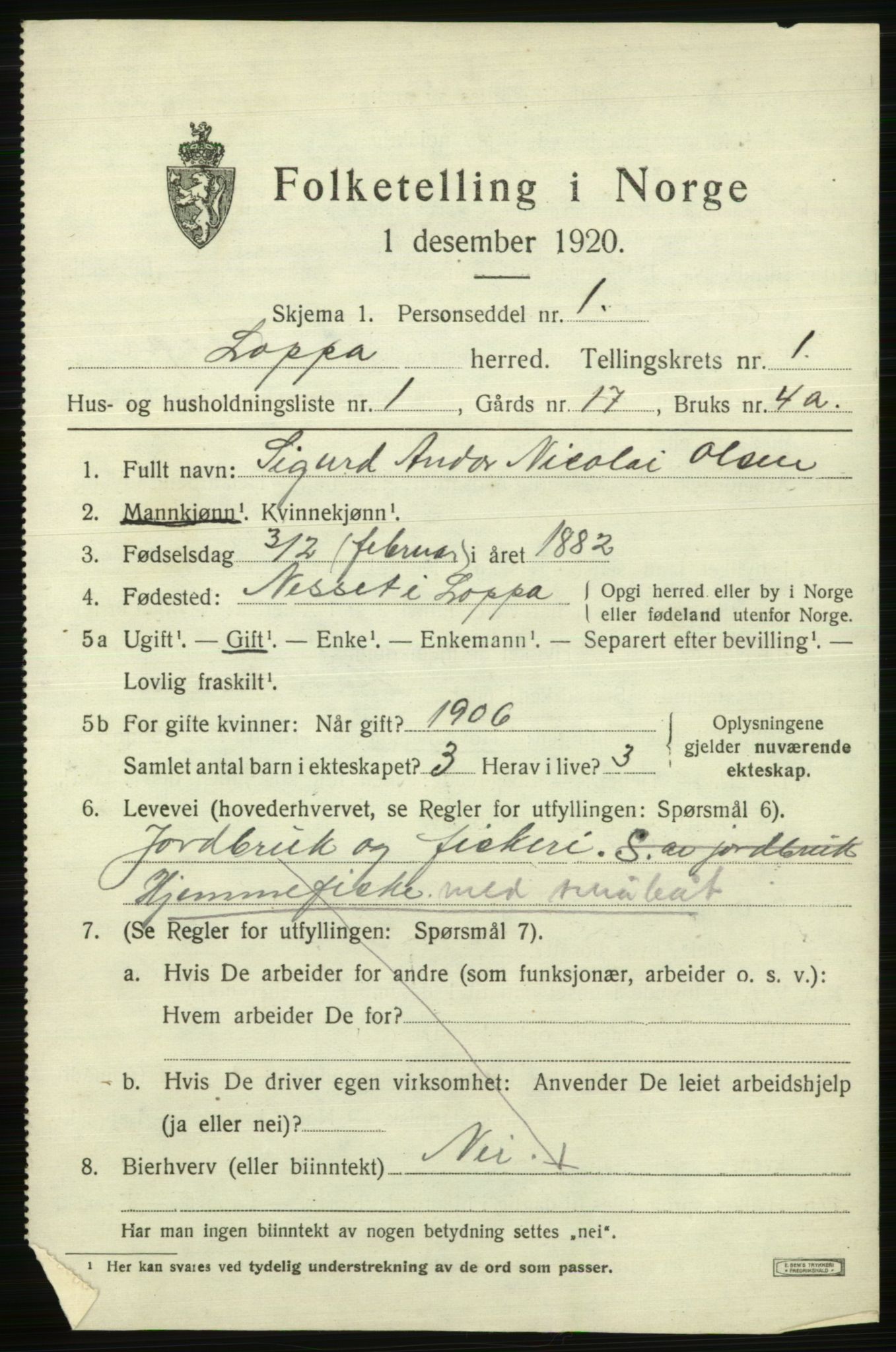 SATØ, 1920 census for Loppa, 1920, p. 622