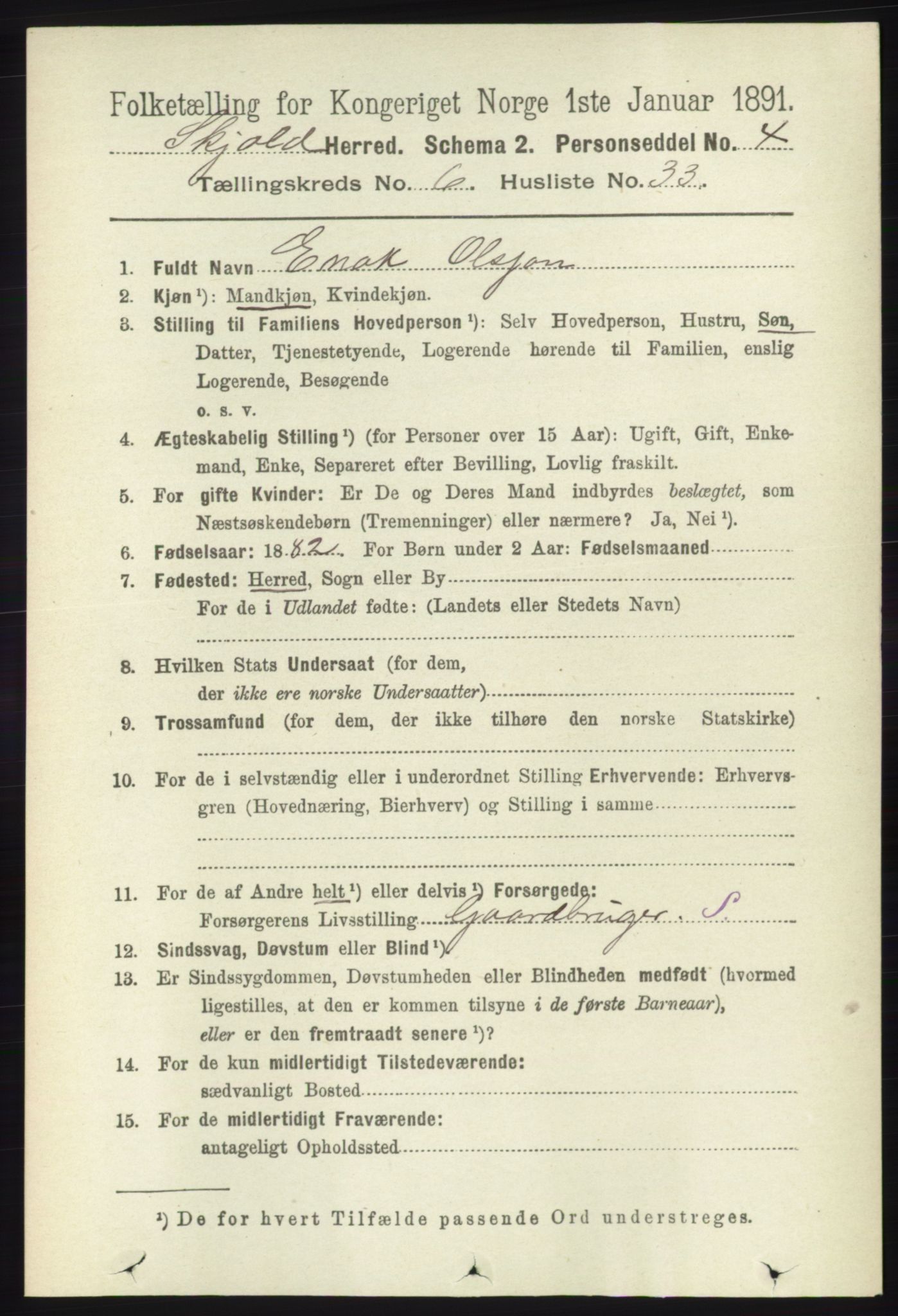 RA, 1891 census for 1154 Skjold, 1891, p. 1180