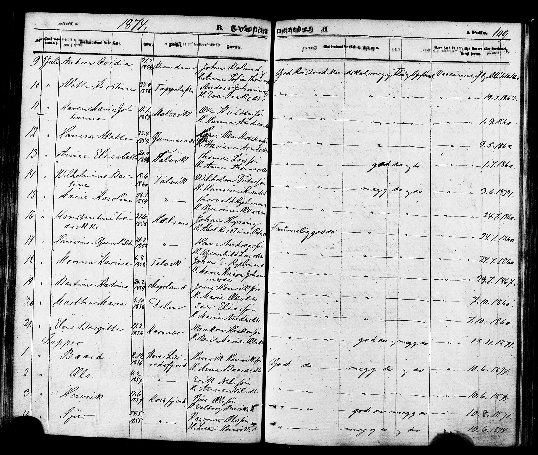 Talvik sokneprestkontor, SATØ/S-1337/H/Ha/L0011kirke: Parish register (official) no. 11, 1864-1877, p. 109