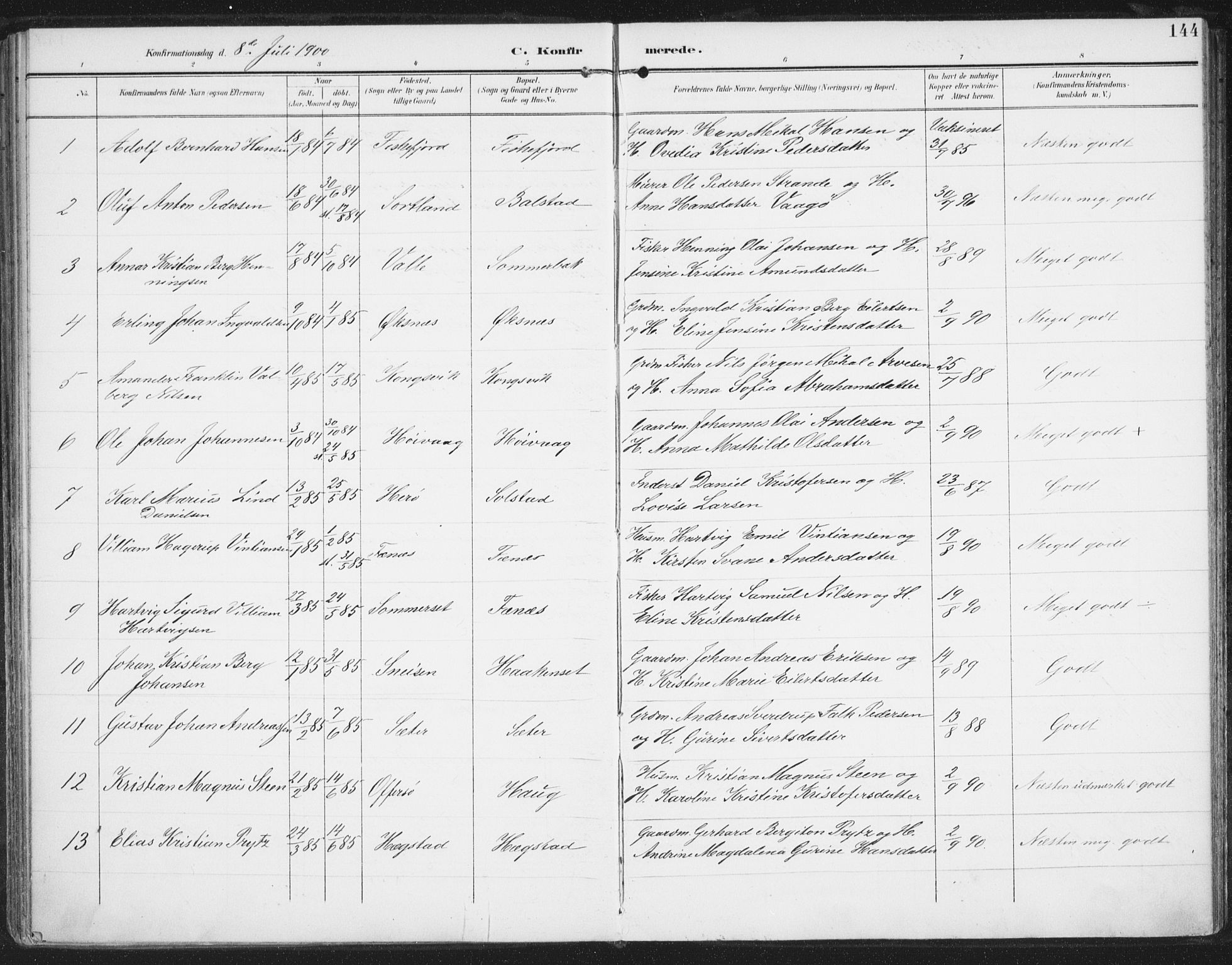 Ministerialprotokoller, klokkerbøker og fødselsregistre - Nordland, AV/SAT-A-1459/872/L1036: Parish register (official) no. 872A11, 1897-1913, p. 144