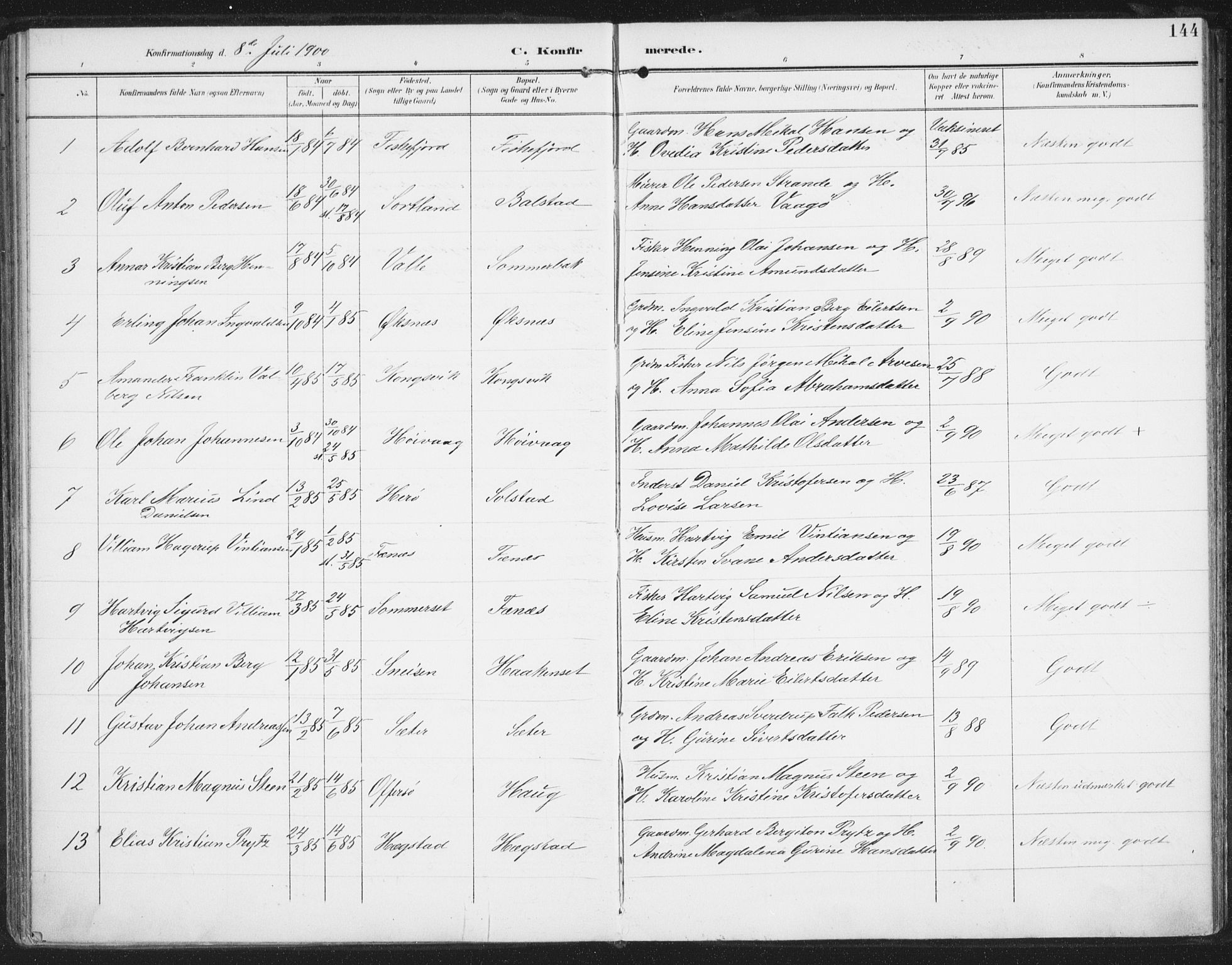 Ministerialprotokoller, klokkerbøker og fødselsregistre - Nordland, AV/SAT-A-1459/872/L1036: Parish register (official) no. 872A11, 1897-1913, p. 144