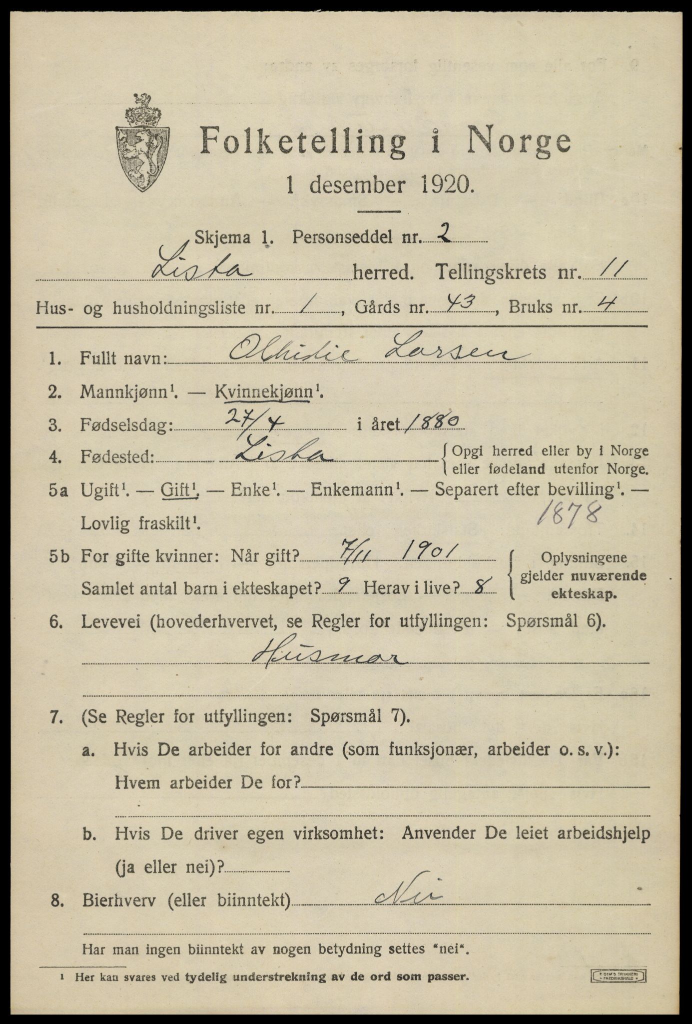 SAK, 1920 census for Lista, 1920, p. 10949