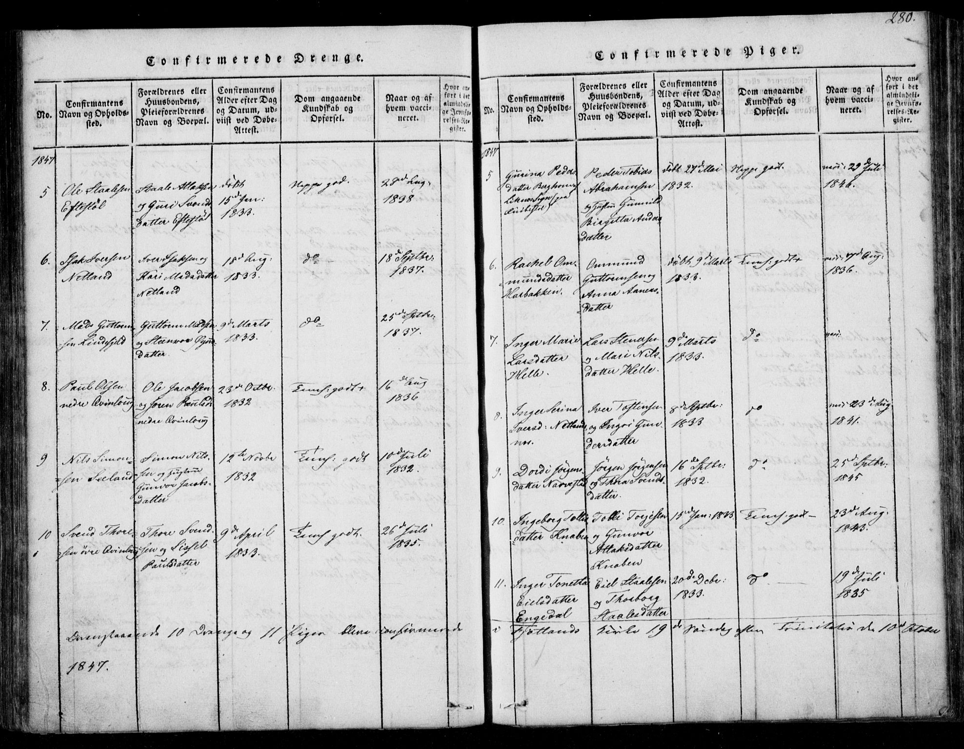 Fjotland sokneprestkontor, AV/SAK-1111-0010/F/Fb/L0001: Parish register (copy) no. B 1, 1816-1849, p. 280