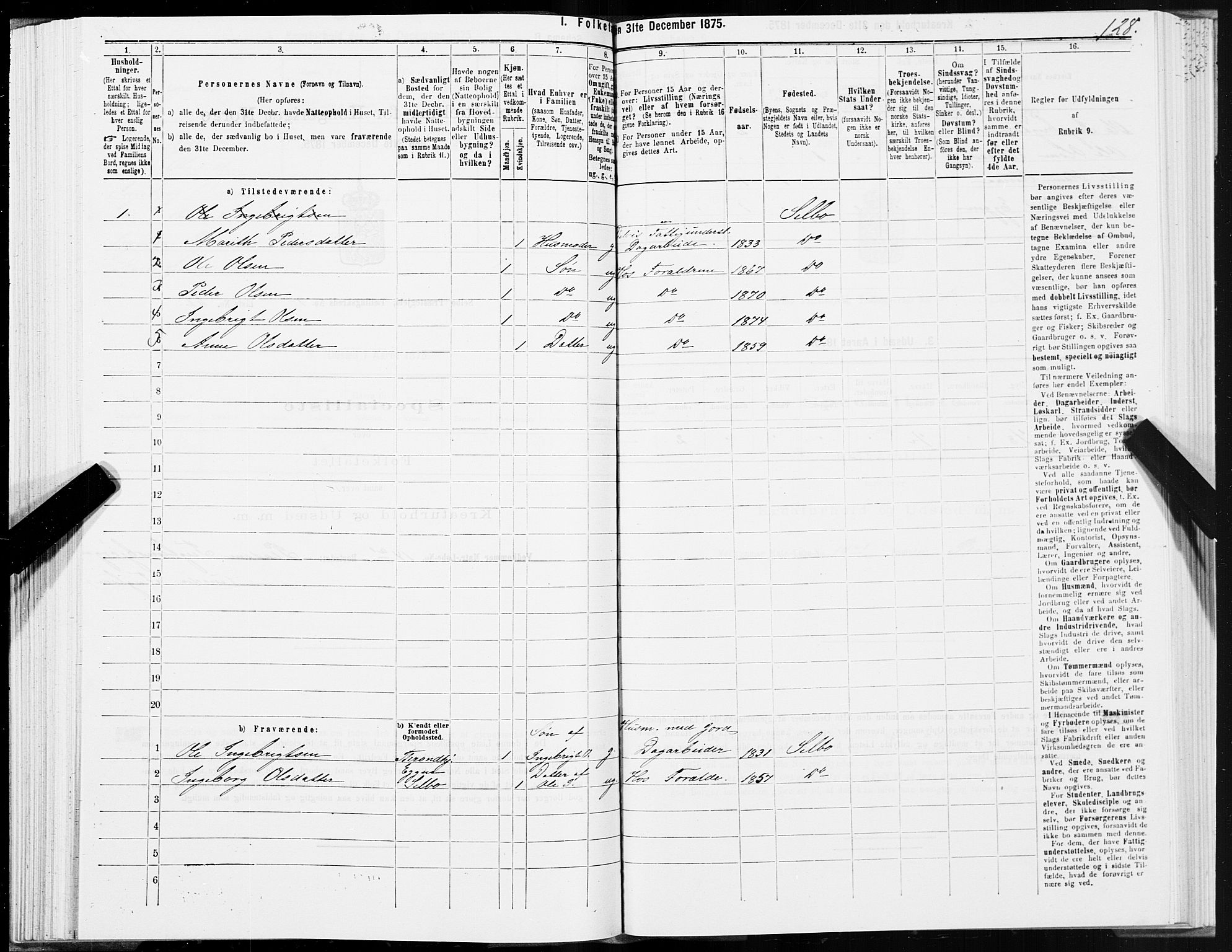 SAT, 1875 census for 1664P Selbu, 1875, p. 1128