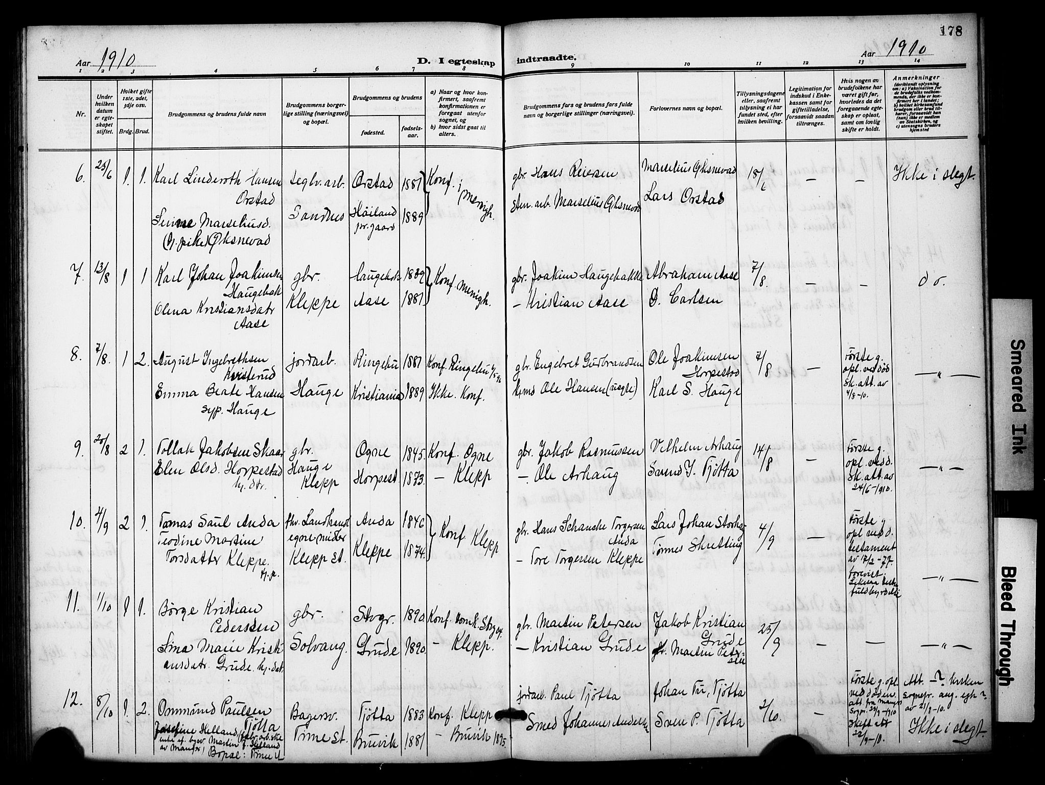 Klepp sokneprestkontor, SAST/A-101803/001/3/30BB/L0007: Parish register (copy) no. B 7, 1908-1934, p. 178