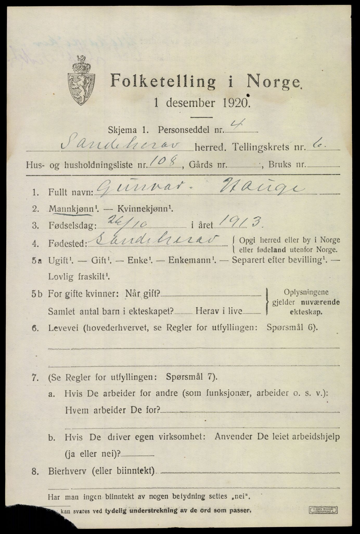 SAKO, 1920 census for Sandeherred, 1920, p. 11058