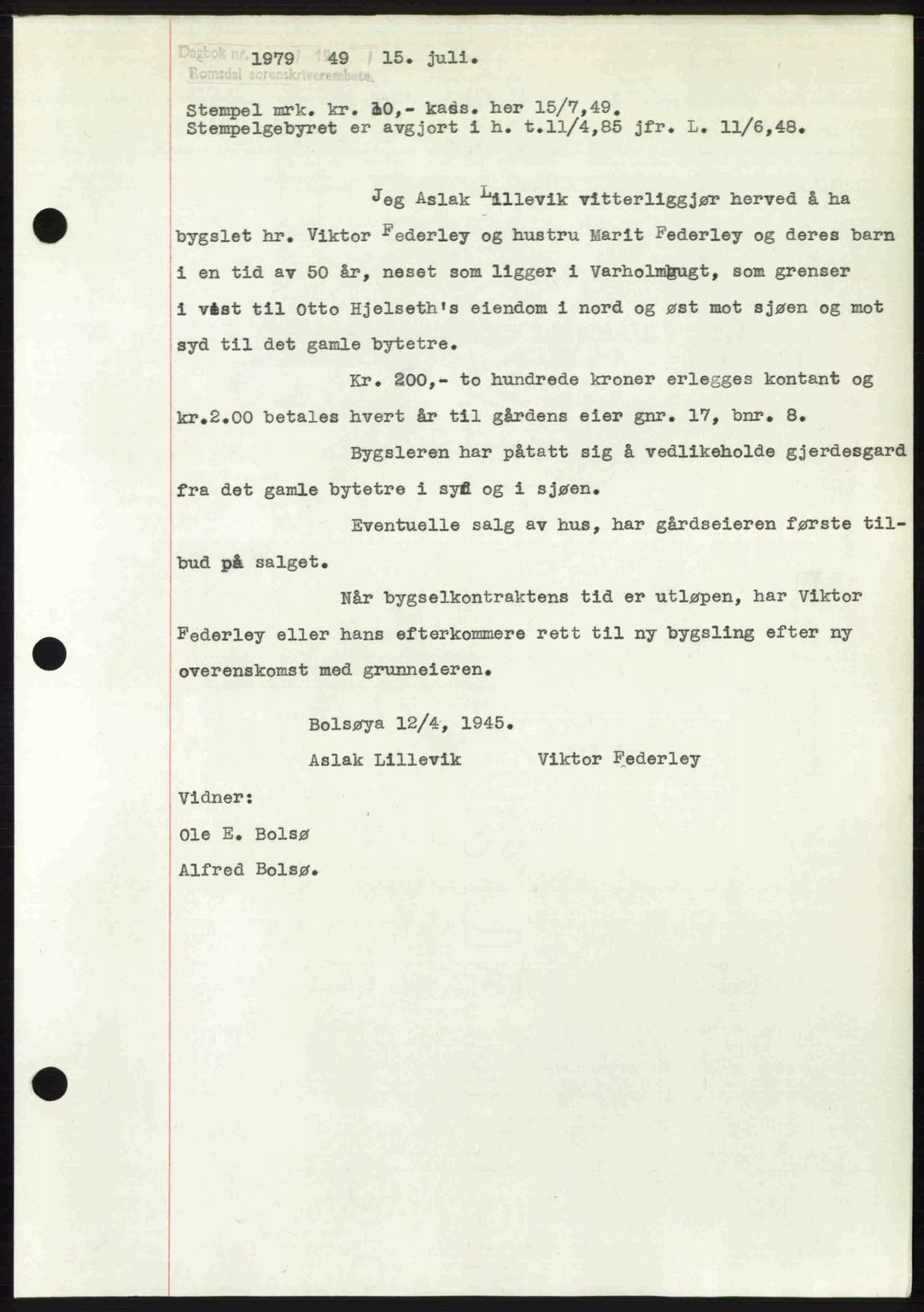 Romsdal sorenskriveri, AV/SAT-A-4149/1/2/2C: Mortgage book no. A30, 1949-1949, Diary no: : 1979/1949